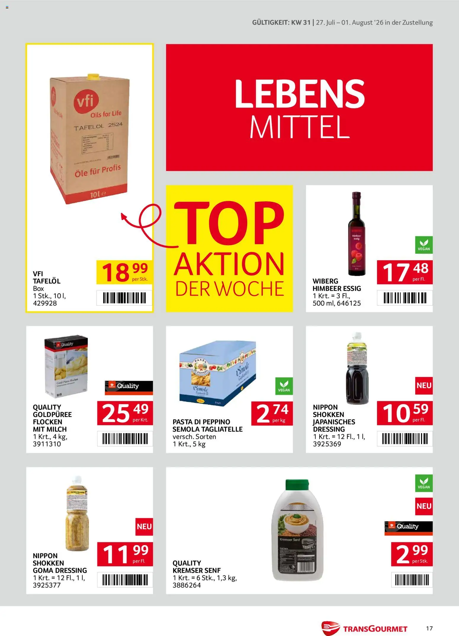 Transgourmet Zustellaktion gültig ab 27.07.2026 | Seite: 17 | Produkte: Pasta, Flocken, Milch