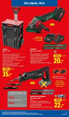 PARKSIDE Aku kutna brusilica, Set Robusno kućište prijenosnika od lijevanog aluminija s 3 položaja za prednju ručku. S baterijom (4 Ah) i uređajem za punjenje. Jednostavna izmjena ploča zahvaljujući aretiranju vretena (Spindle Lock). Uključujući 1 reznu ploču. Broj okretaja se može podešavati u 6 stupnjeva. - Pregled kataloga iz trgovine Lidl, vrijedi od 10.06.2026 | Stranica: 7