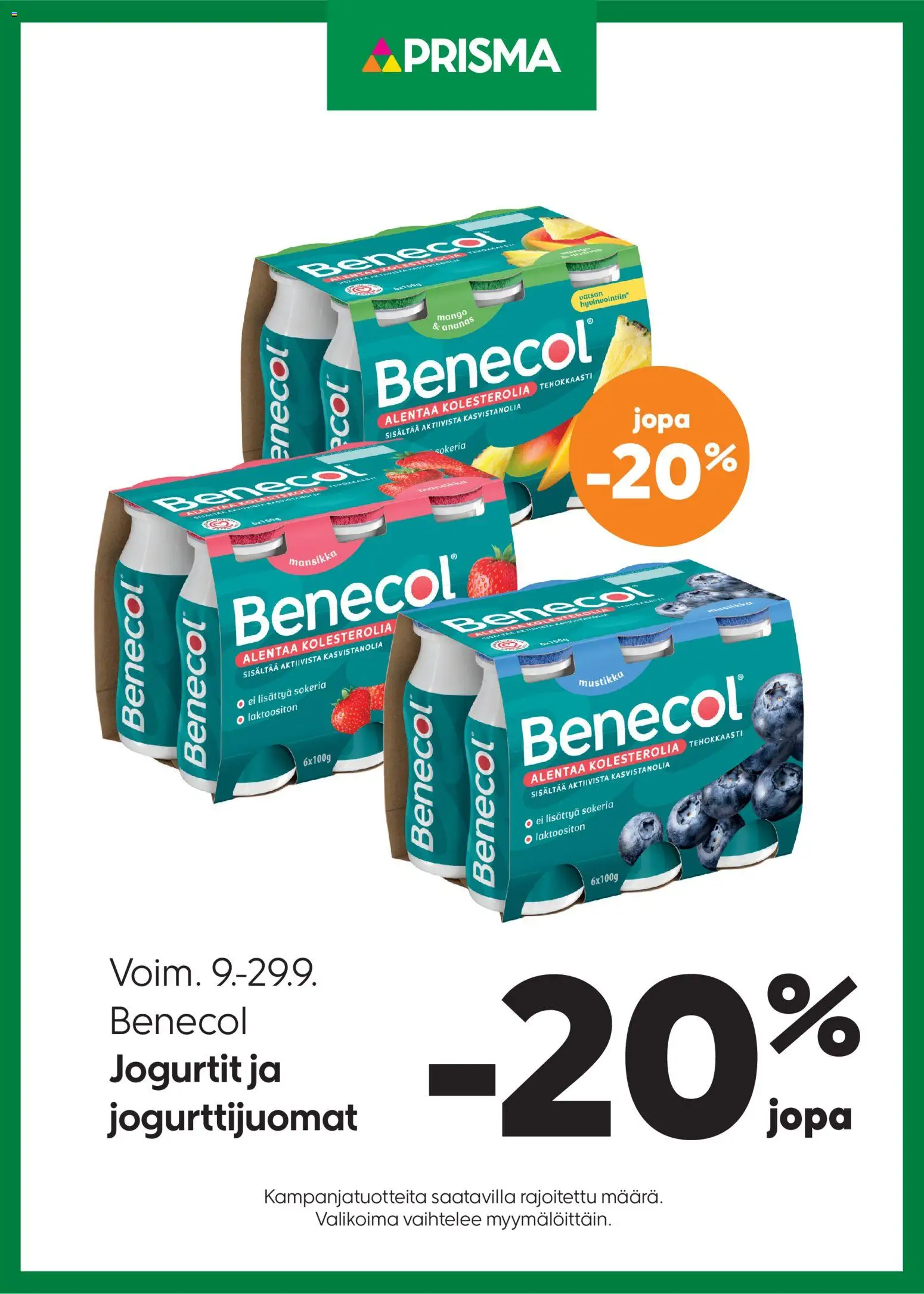 Prisma - Benecol – voimassa 09/09/2026 alkaen | Sivu: 1 | Tuotteet: Mango, Mustikka, Ananas