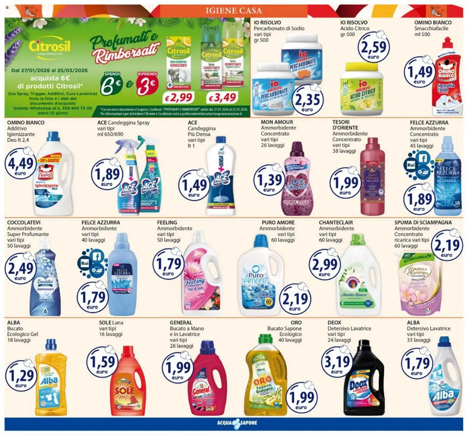 Volantino Acqua e Sapone del 23.02.2026 | Pagina: 19 | Prodotti: Sapone, Spray disinfettante, Ammorbidente, Profumo