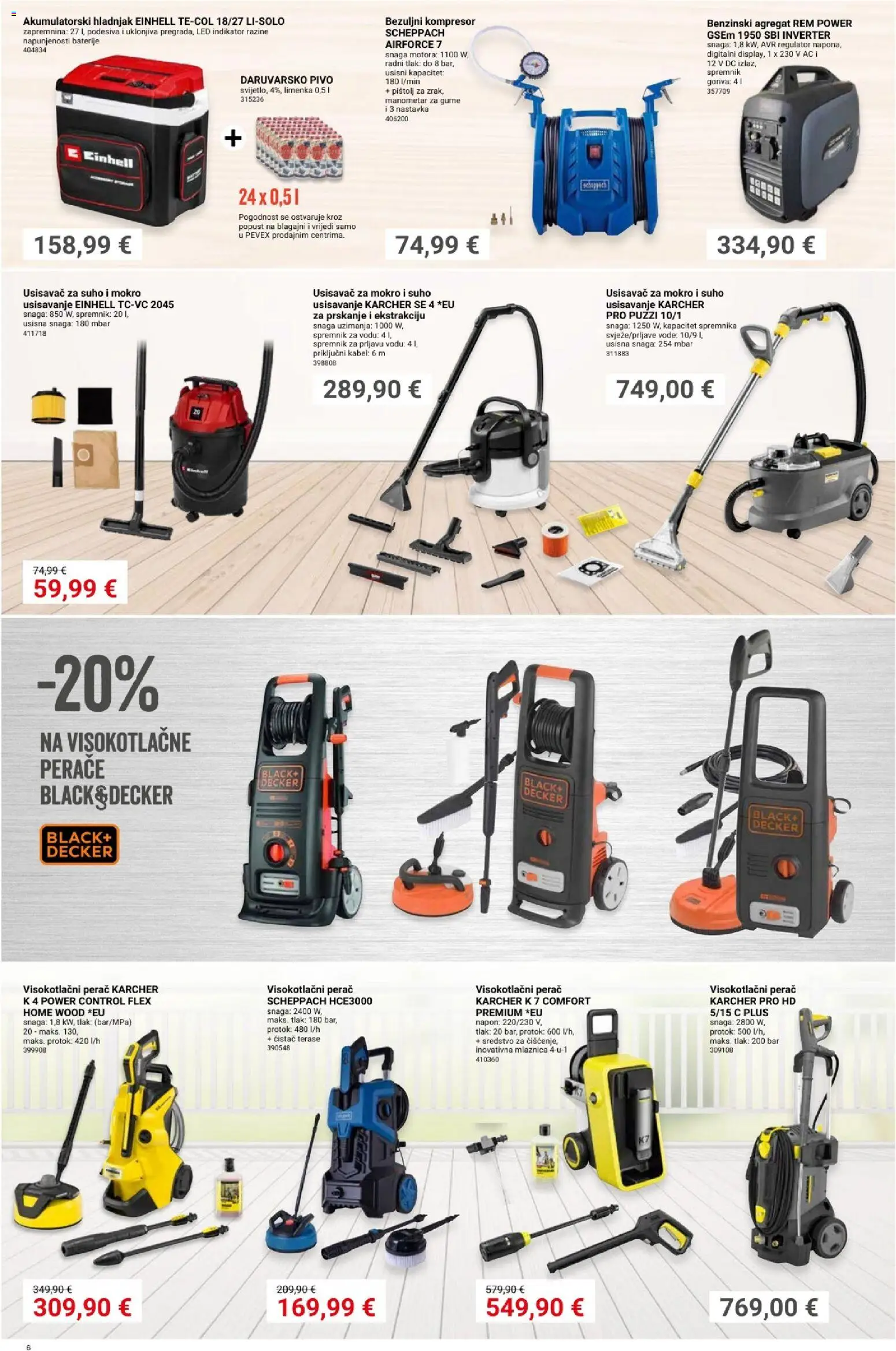 Pevex katalog | vrijedi od 07.05.2026 | Stranica: 6 | Proizvodi: Usisavač, Visokotlačni perač, Kompresor, Hladnjak