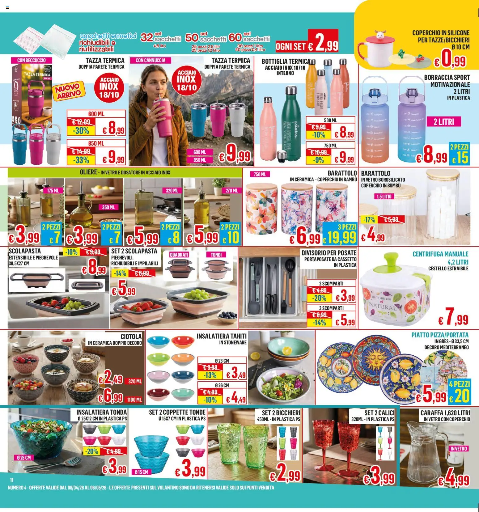 Volantino Satur del 08.04.2026 | Pagina: 11 | Prodotti: Caraffa, Centrifuga, Silicone, Ciotola