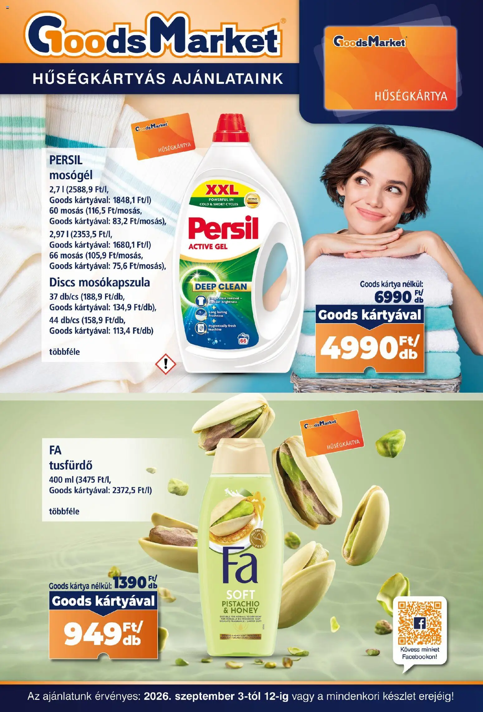 Goods Market akciós ujság - amely érvényes a következő dátumtól: 2026.09.03. | Oldal: 1 | Termékek: Persil, Mosógél, Tusfürdő, Gél