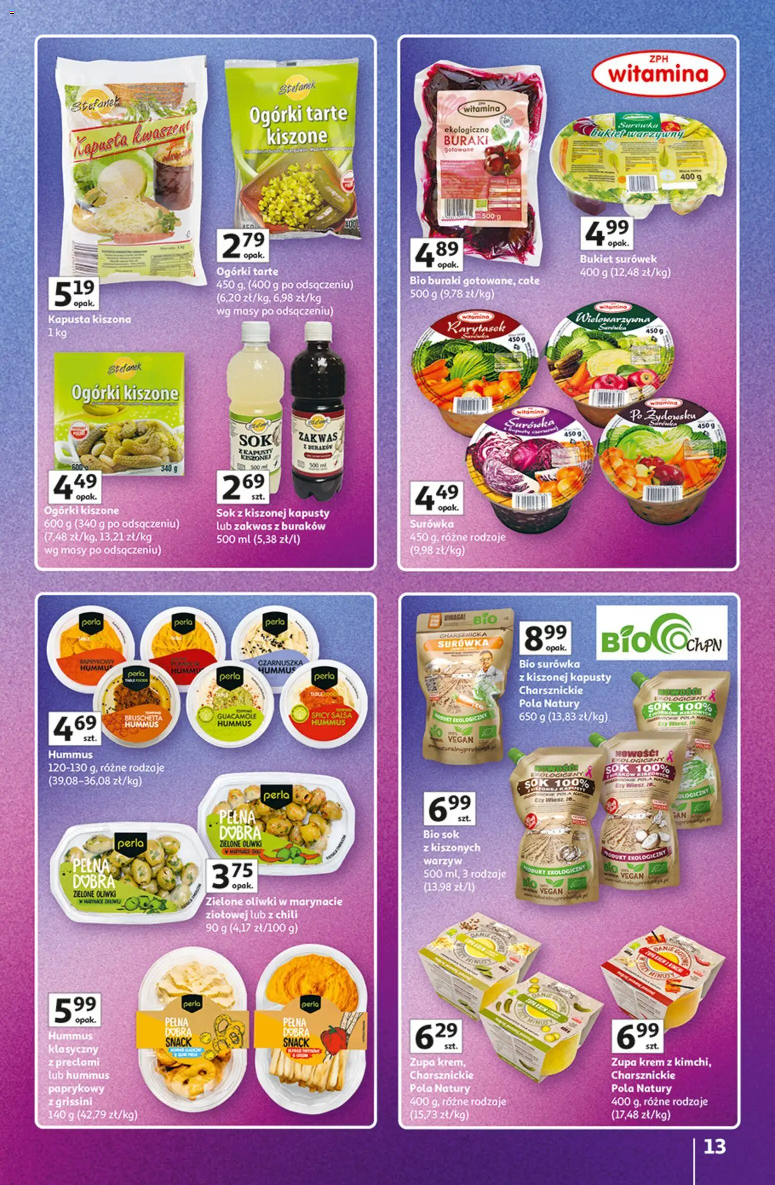 Auchan gazetka - Znane marki od 15.10.2026 | Strona: 13 | Produkty: Zakwas, Spicy salsa hummus, Zupa, Sok z kiszonej kapusty
