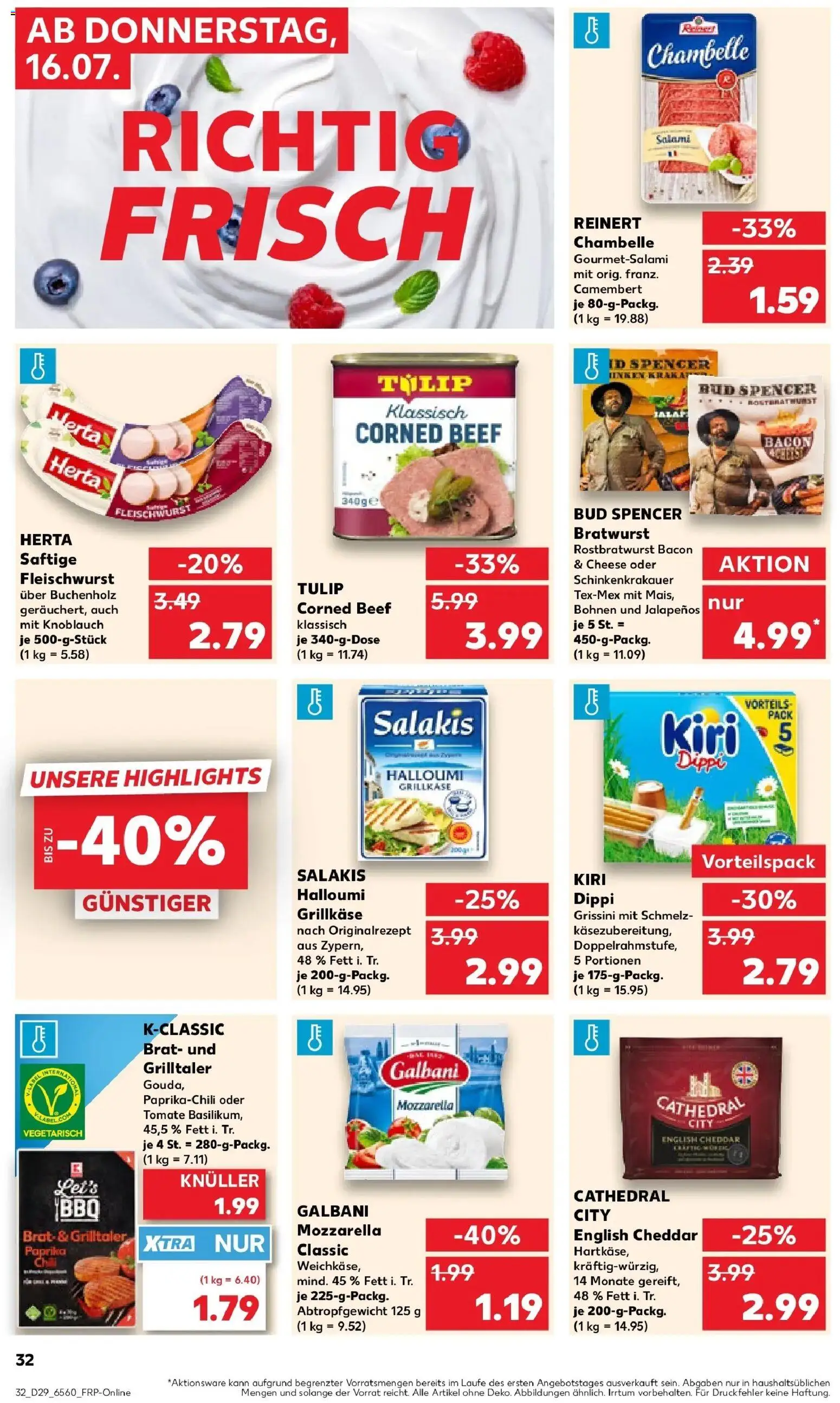Kaufland Prospekt Kerpen – gültig ab 16.07.2026 | Seite: 32 | Produkte: Camembert, Paprika, Salakis, Salami