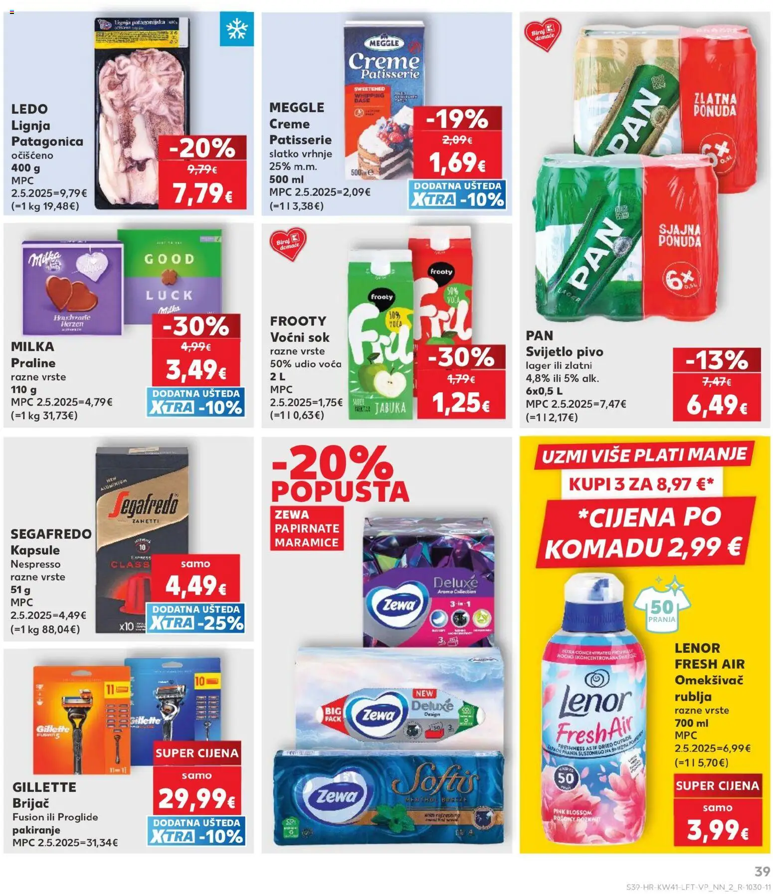 Kaufland katalog | vrijedi od 07.10.2026 | Stranica: 39 | Proizvodi: Papirnate maramice, Slatko vrhnje, Voćni sok, Lignja Patagonica