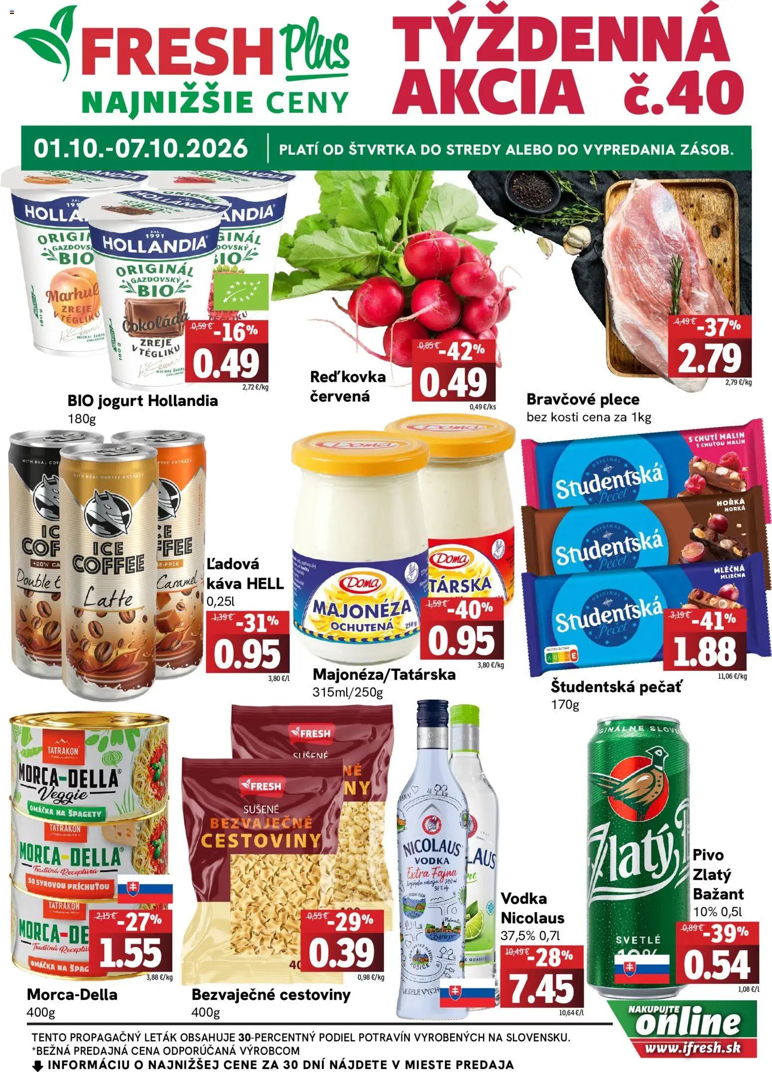 Nové Fresh akcie – leták je platný od 01.10.2026 | Strana: 1 | Produkty: Pivo, Jogurt, Bravčové plece, Špagety