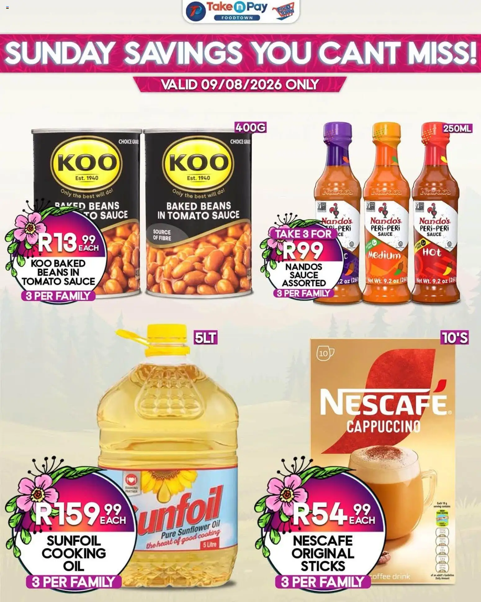 New Take n Pay catalogue – valid from 09/08/2026 | Page: 5 | Products: Baked beans, Oil, Tomato sauce, Sauce
