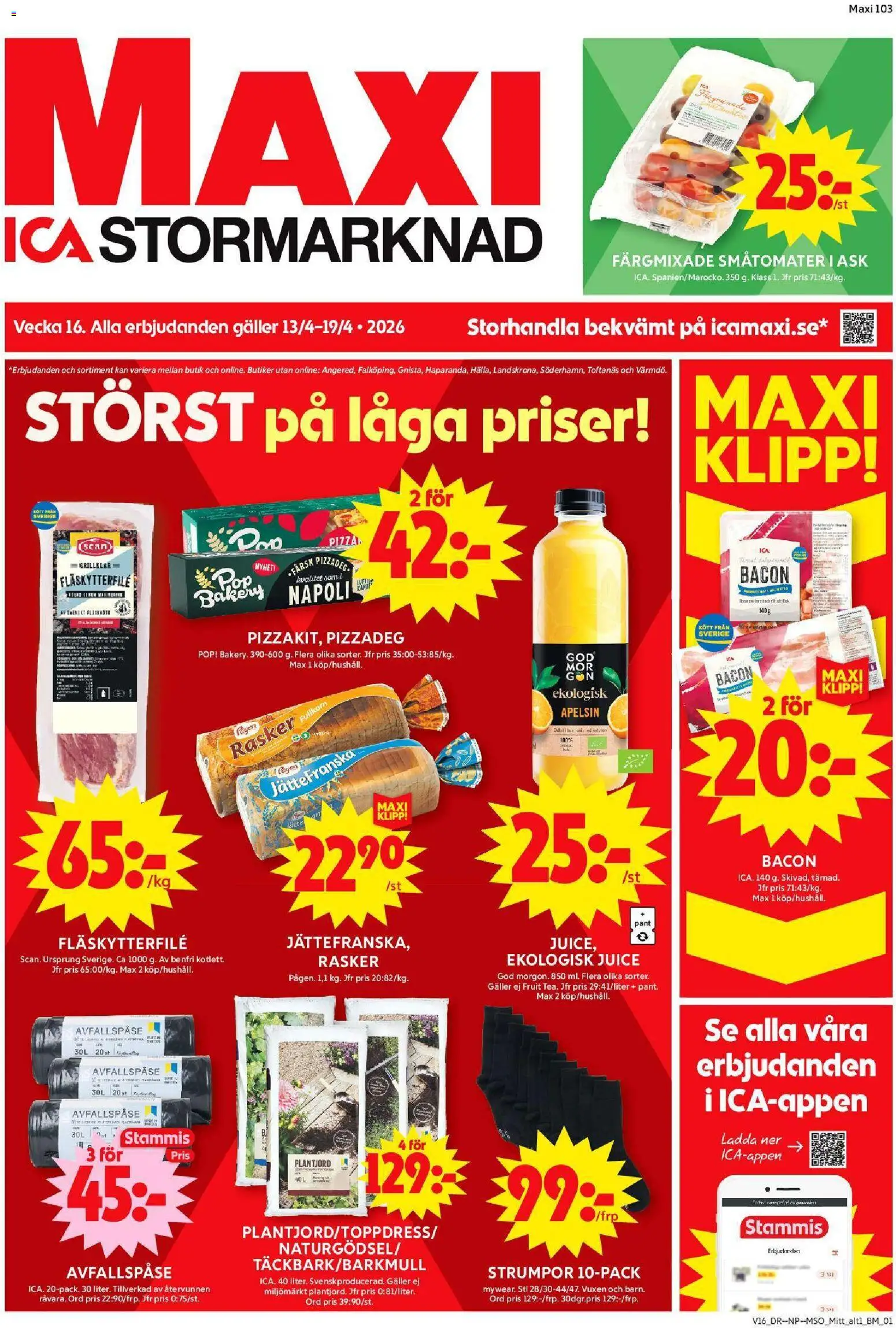 ICA Maxi reklamblad aktuell från 13.04.2026 | Sida: 1 | Produkter: Galler, Fläskytterfilé, Pizza, Apelsin