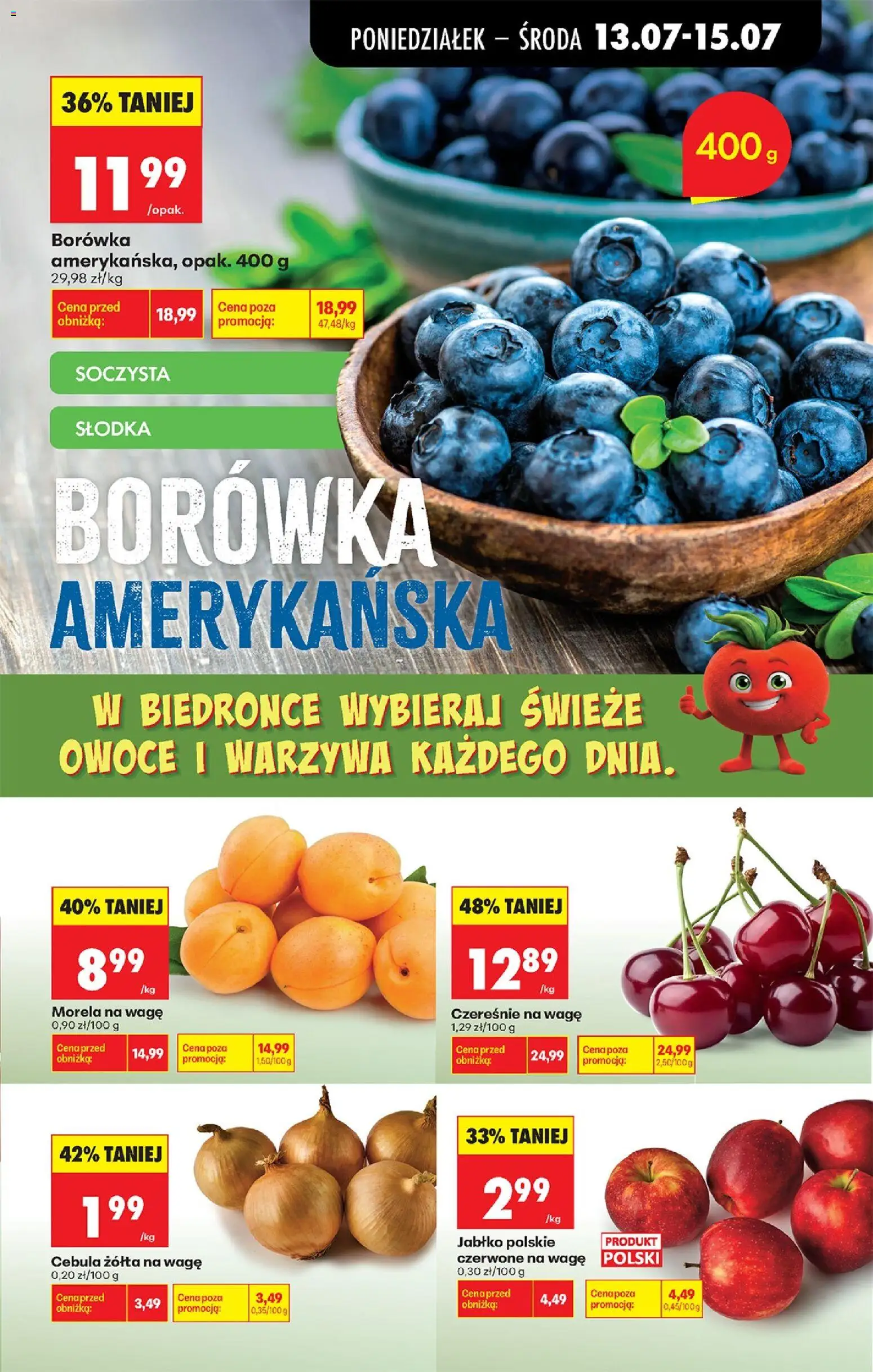Biedronka gazetka od poniedziałku od 13.07.2026 | Strona: 27 | Produkty: Borówka amerykańska, Czereśnie, Warzywa, Owoce