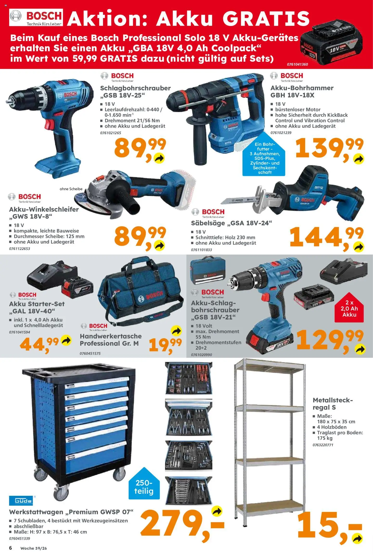 Globus Baumarkt Prospekt Dietzenbach – gültig ab 20.09.2026 | Seite: 6 | Produkte: Bosch, Regal, Ladegerät