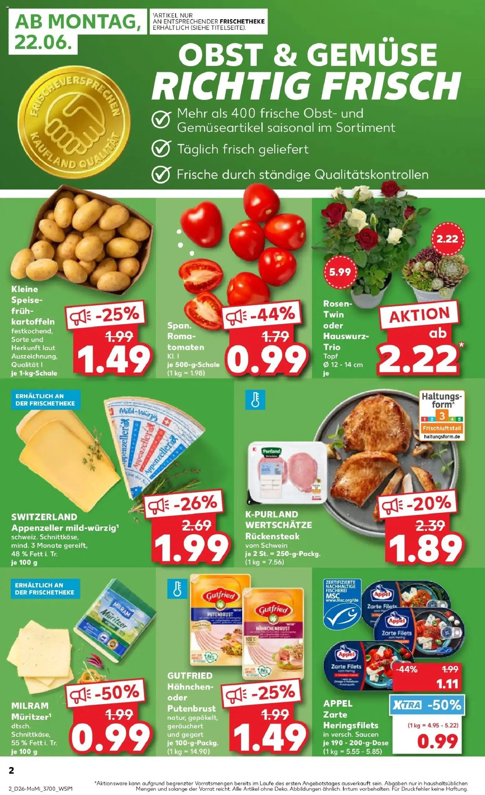 Kaufland Prospekt Bentwisch – gültig ab 22.06.2026 | Seite: 2 | Produkte: Hahnchen, Tomaten, Gemüse, Milram
