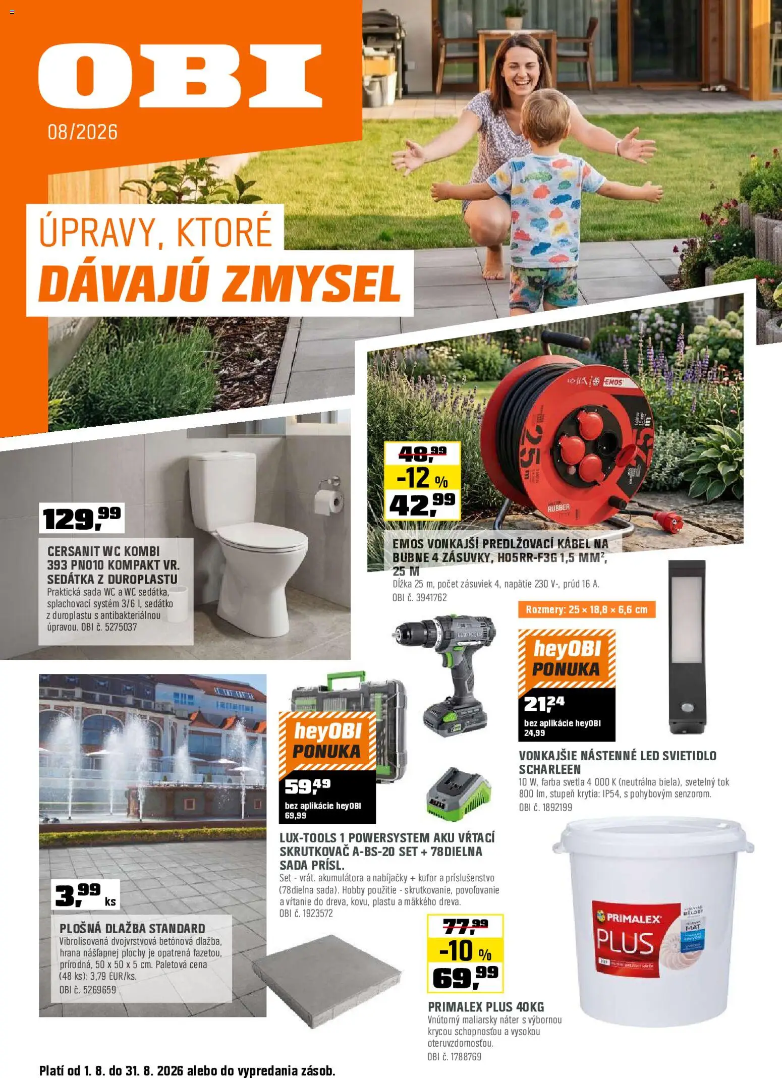 Nové OBI akcie – leták je platný od 01.08.2026 | Strana: 1 | Produkty: Skrutkovač, Dlažba, Aku, Svietidlo