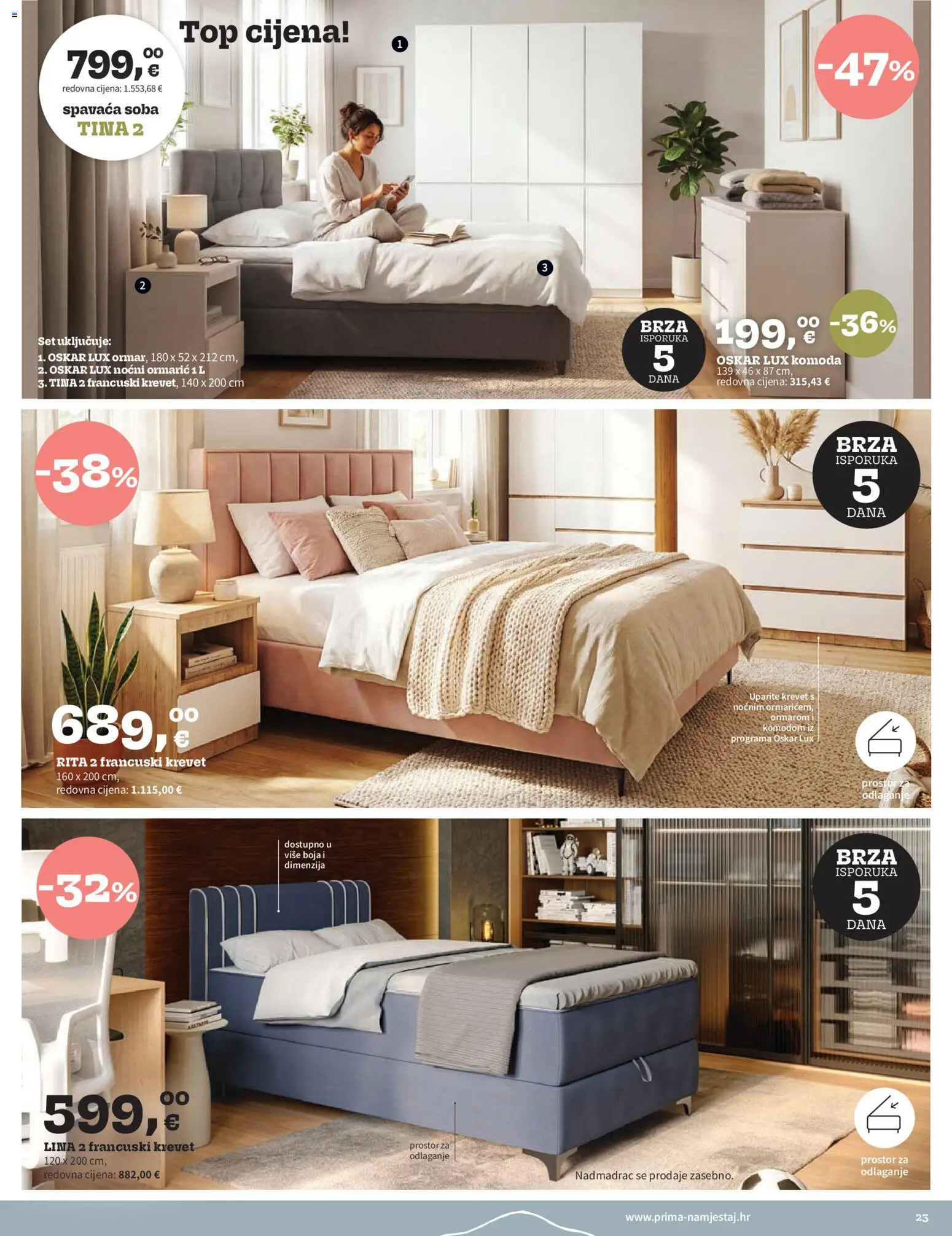 Prima katalog | vrijedi od 01.06.2026 | Stranica: 23 | Proizvodi: Krevet, Komoda, Nadmadrac, Francuski krevet