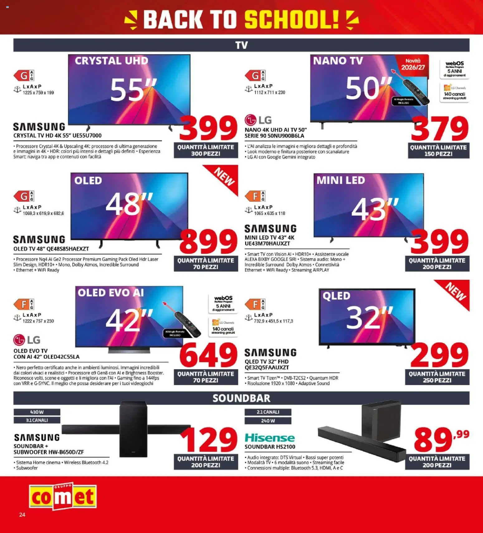 Volantino Comet del 10/09/2026 | Pagina: 24 | Prodotti: smart TV, Soundbar, TV, Audio