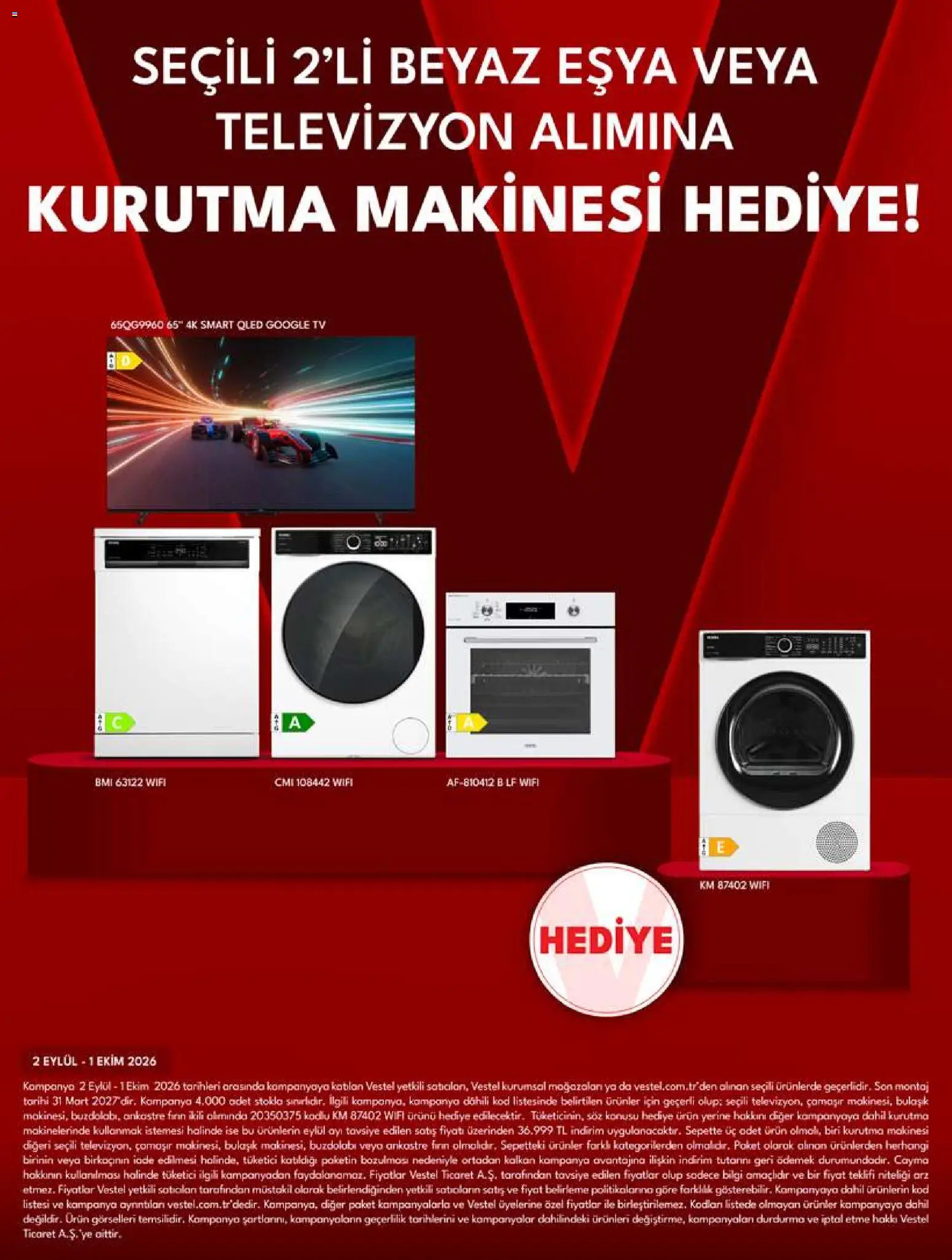 Vestel - Tüketici Elektroniği - 02 Eylül 2026 tarihinden itibaren geçerlidir | Sayfa: 12 | Ürünler: Kalkan, Televizyon, Buzdolabı, Fırın
