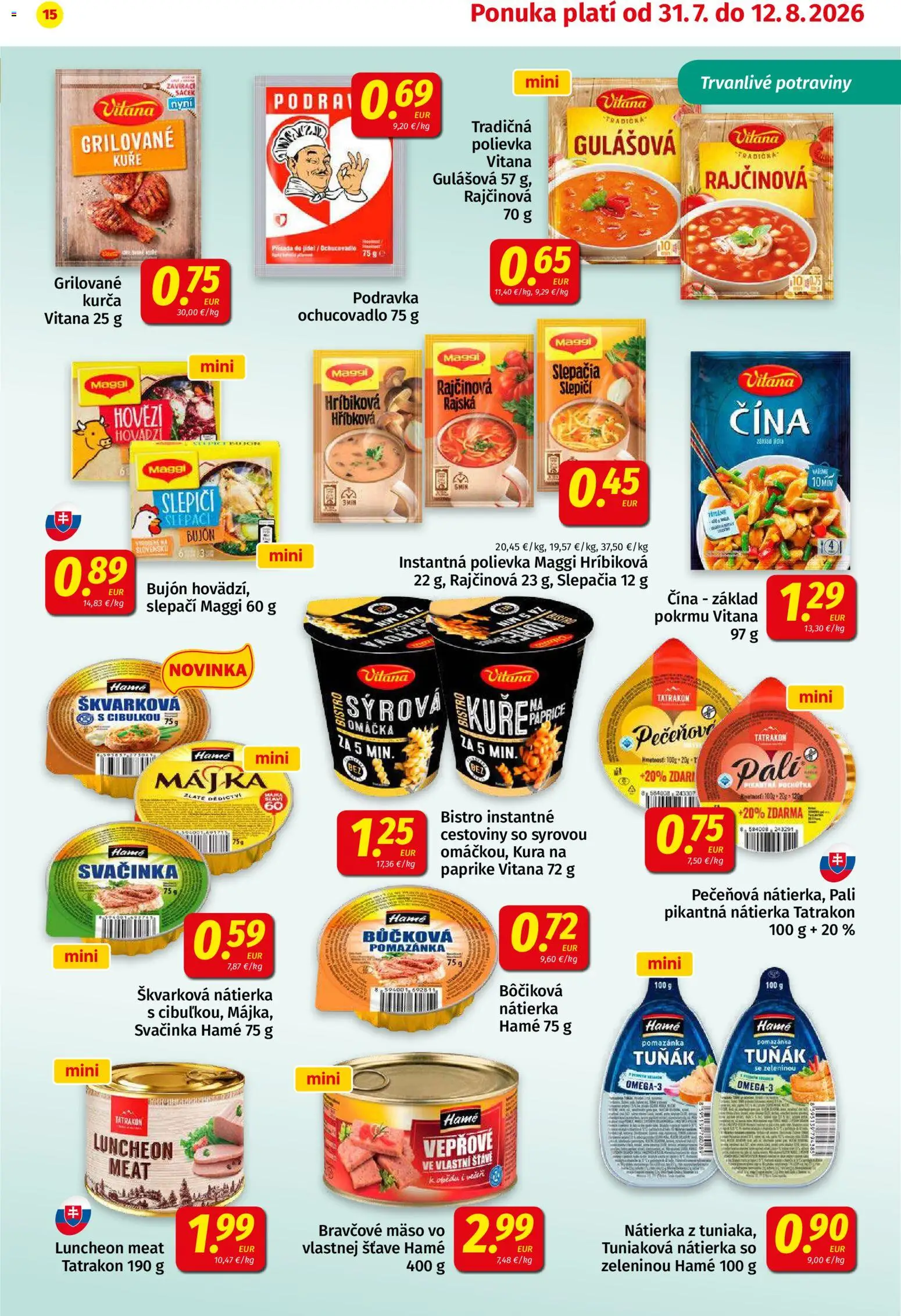 Nové Koruna akcie – leták je platný od 31.07.2026 | Strana: 15 | Produkty: Cestoviny, Nátierka, Mäso, Kurča