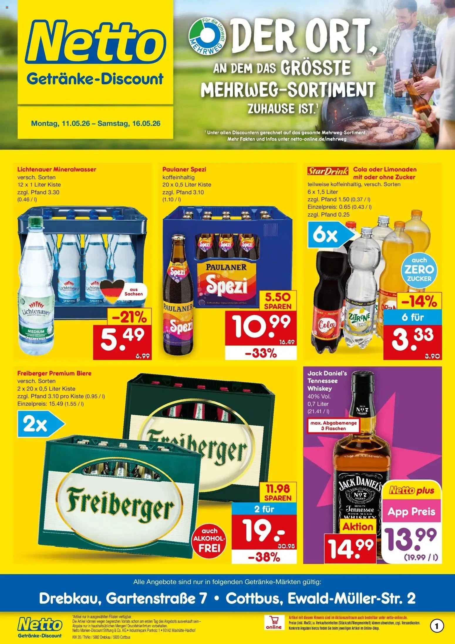 Netto Marken-Discount Prospekt Cottbus	 – gültig ab 10.05.2026 | Seite: 1 | Produkte: Paulaner spezi, Zucker, Zitrone, Whiskey