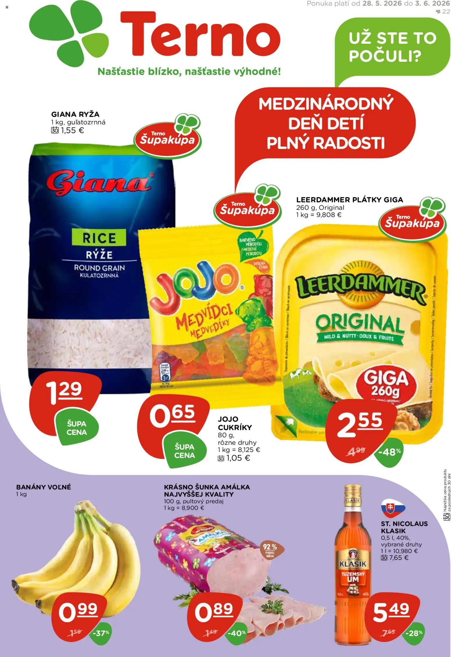 Nové Terno akcie – leták je platný od 28.05.2026 | Strana: 1 | Produkty: Šunka, Banány, Ryža, Cukríky