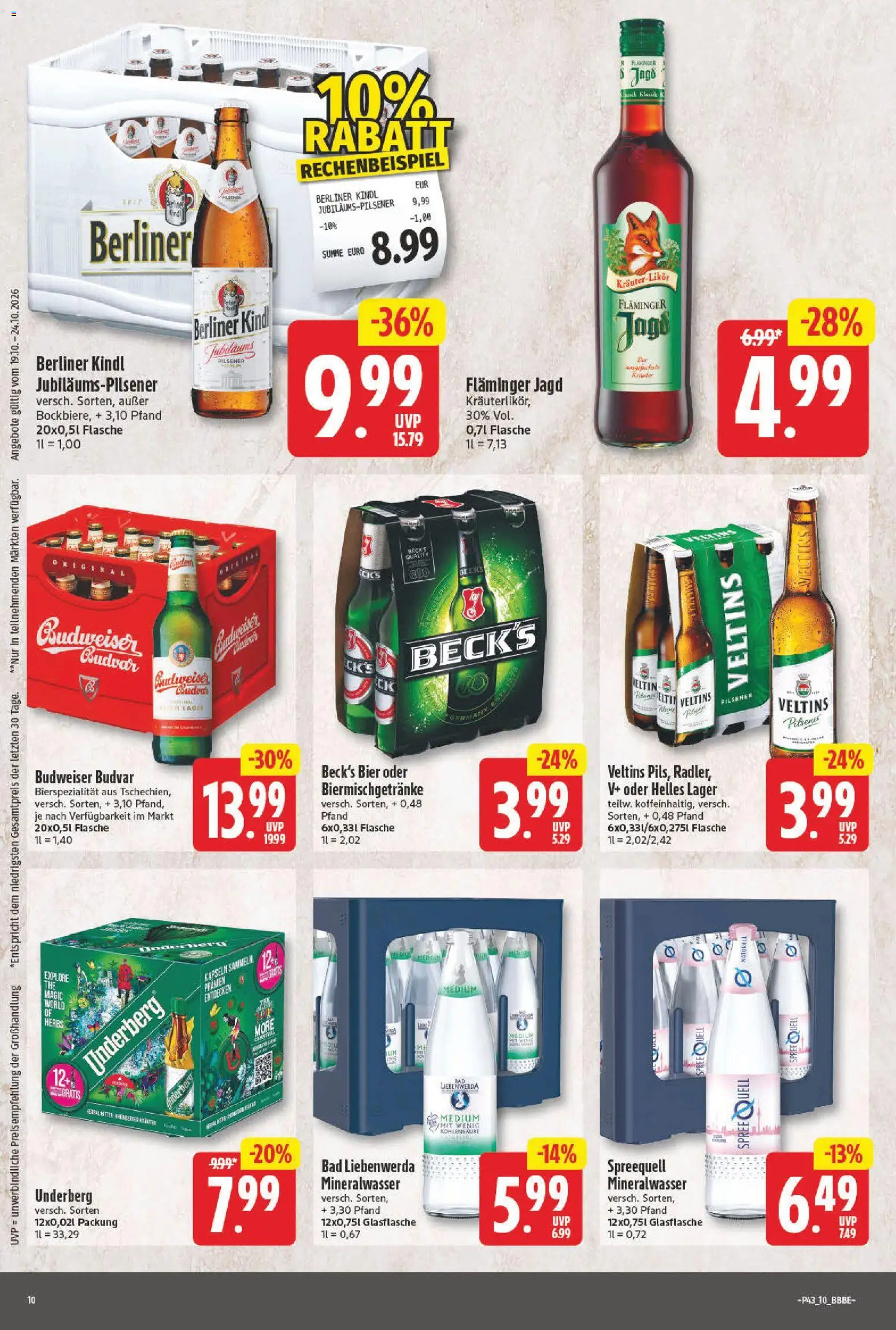 NP Discount Prospekt – gültig ab 19.10.2026 | Seite: 10 | Produkte: Bier, Bad, Mineralwasser, Underberg