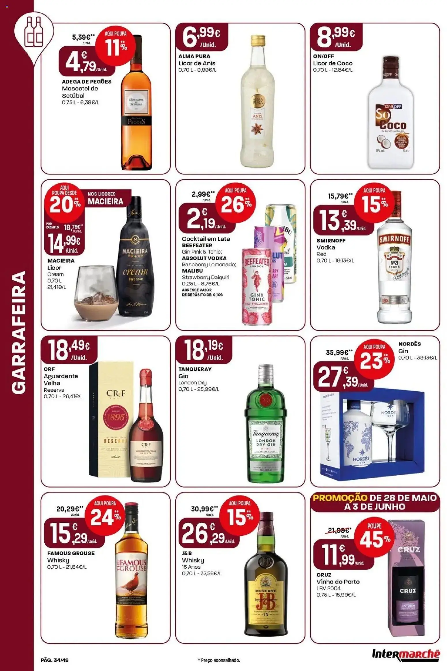 Intermarché - Isto é que são preços BAIXOS! │ válido de 28.05.2026 | Página: 34 | Produtos: Whisky, Licor, Gin, Vodka