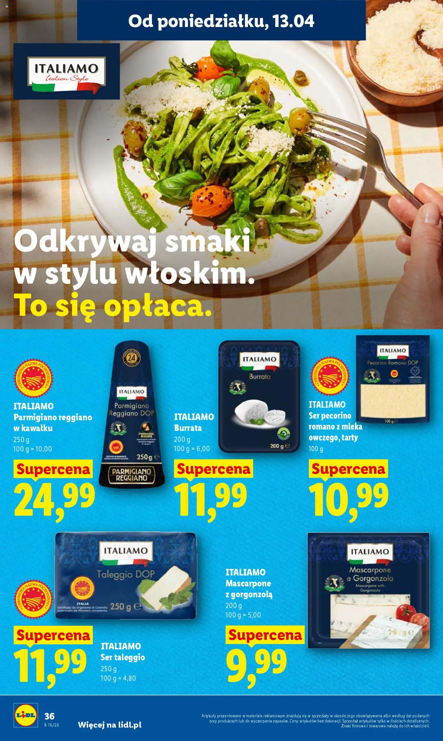 Lidl gazetka od 13.04.2026 | Strona: 36 | Produkty: Ser pecorino romano, Pecorino, Ser, Gorgonzola