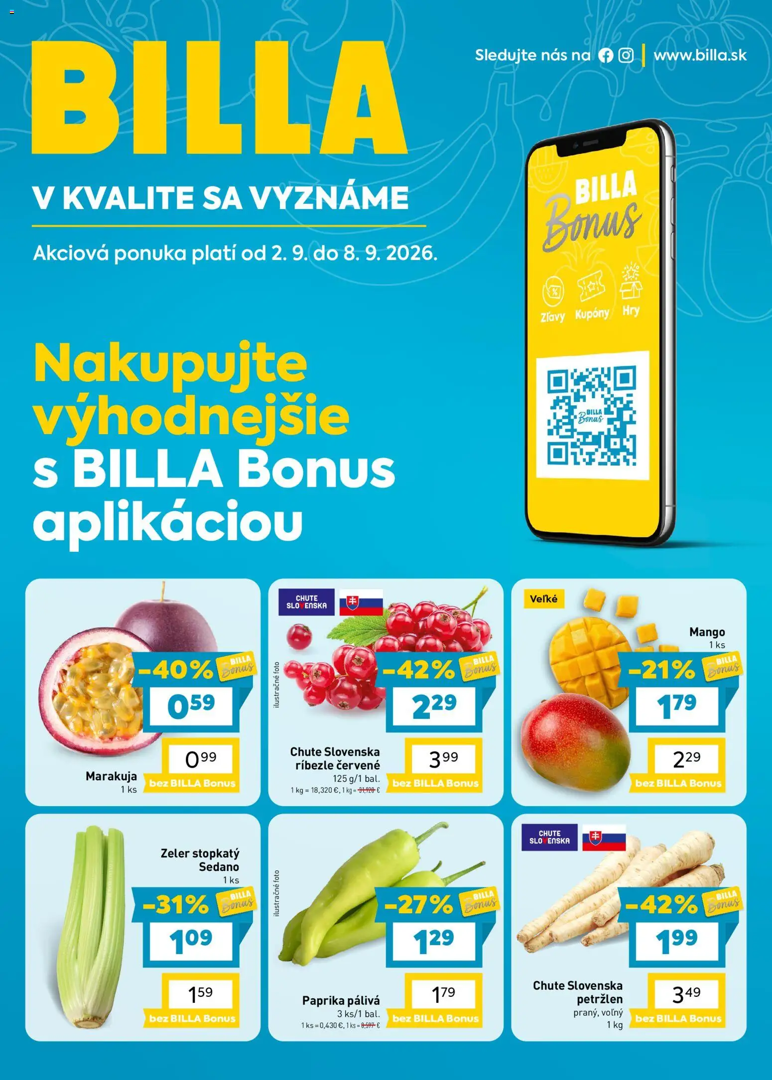 Nové Billa akcie – leták je platný od 02.09.2026 | Strana: 1 | Produkty: Ríbezle, Mango, Petržlen, Zeler