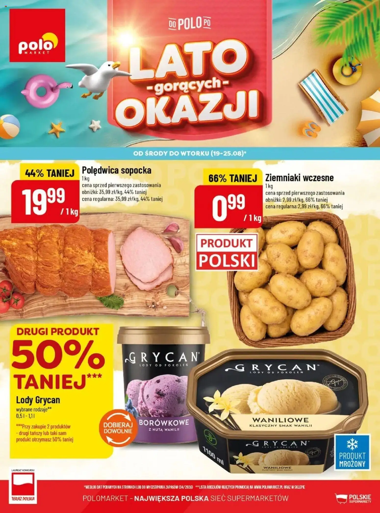 Nowa POLOmarket gazetka od jutra 19.08.2026 | Strona: 1 | Produkty: Polędwica sopocka, Lody Grycan, Lody, Ziemniaki