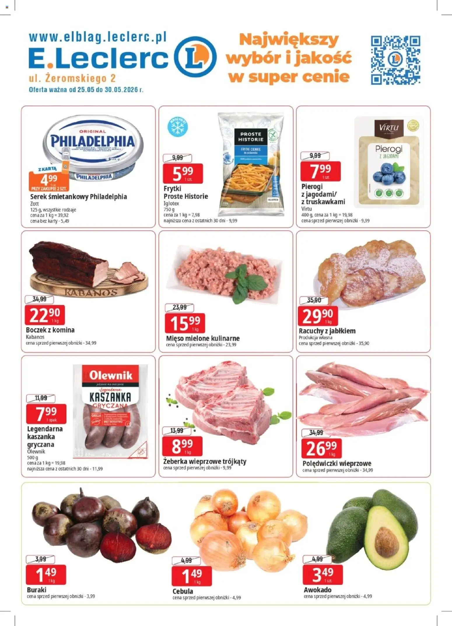 E.Leclerc gazetka - Elbląg od 25.05.2026 | Strona: 1 | Produkty: Mięso mielone, Polędwiczki wieprzowe, Boczek, Awokado