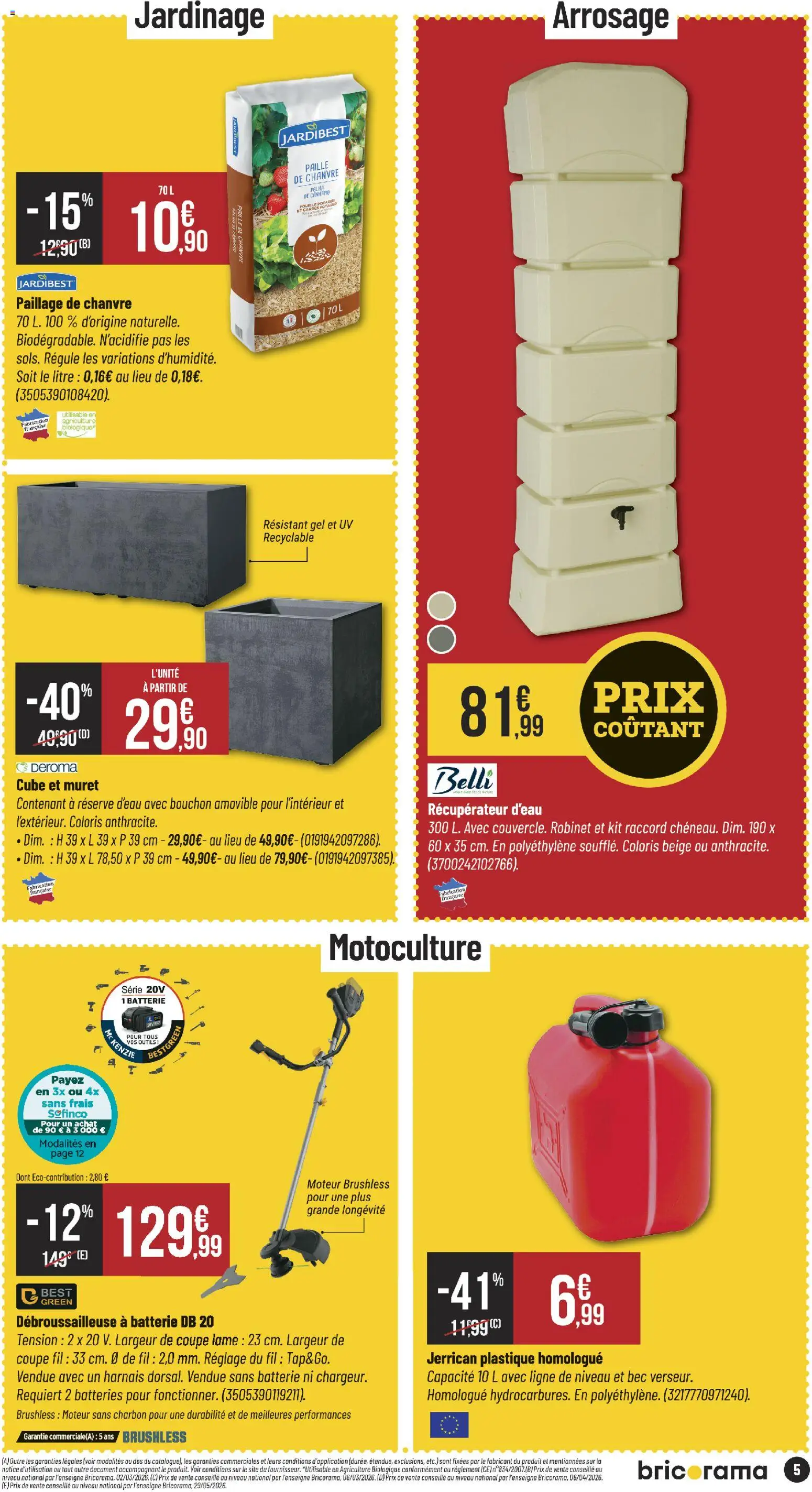 {H1} | Page: 5 | Produits: Le potager, Robinet, Débroussailleuse, Batterie