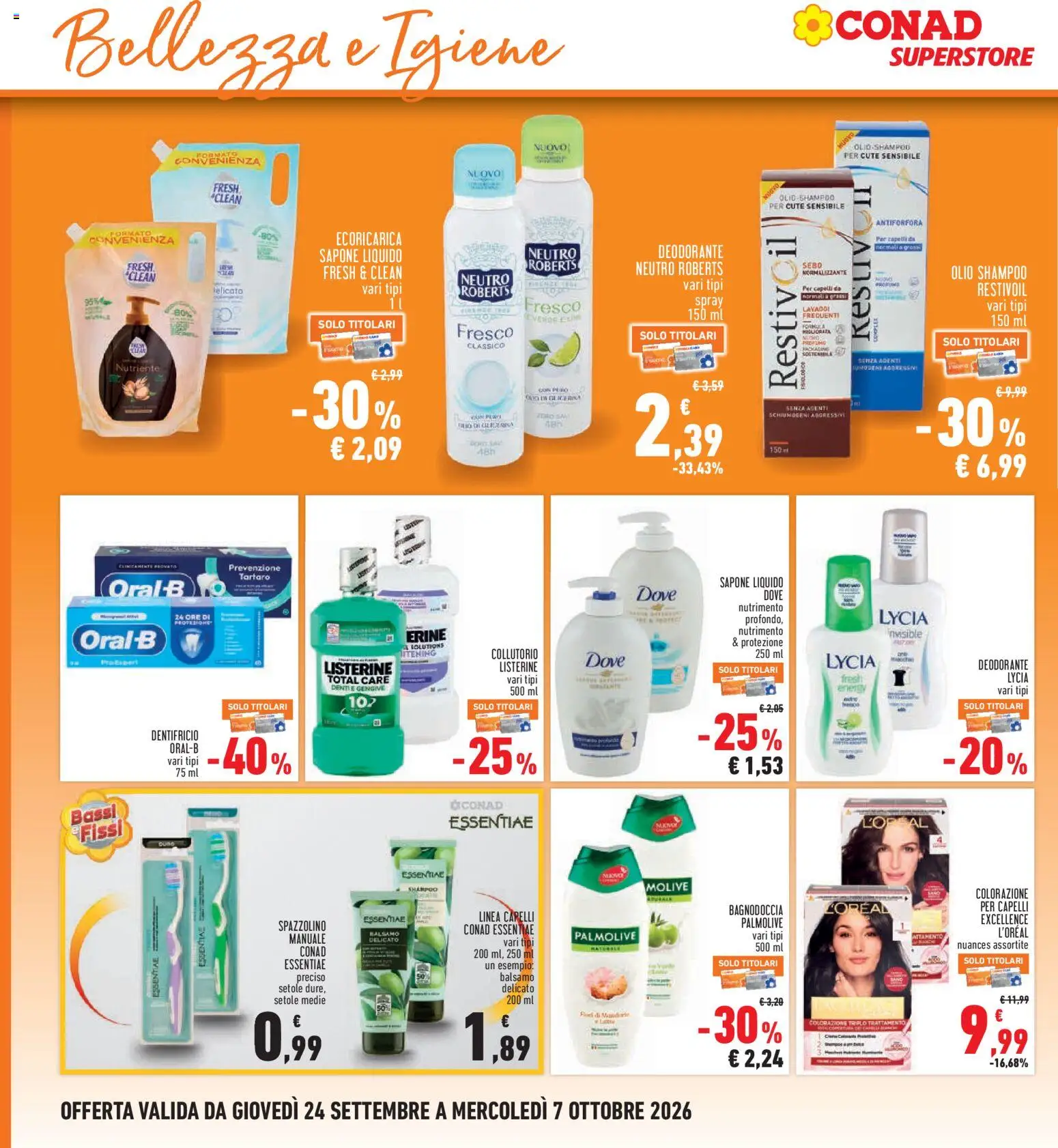 Volantino Conad del 24/09/2026 | Pagina: 20 | Prodotti: Shampoo, Dentifricio, Collutorio, Olio