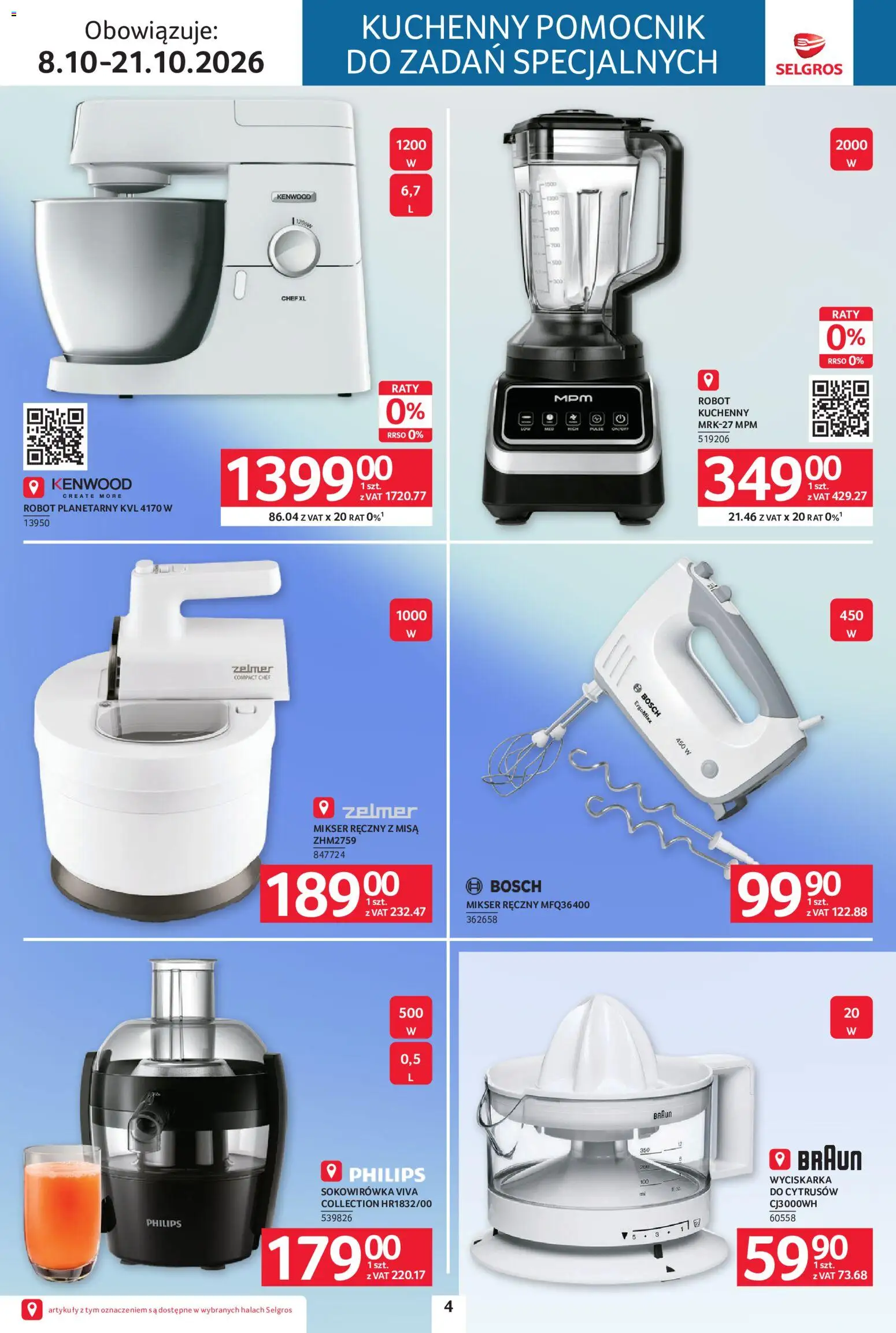 Selgros cash&carry gazetka - Elektro od 08.10.2026 | Strona: 4 | Produkty: Robot planetarny, Mikser ręczny, Mikser, Wyciskarka