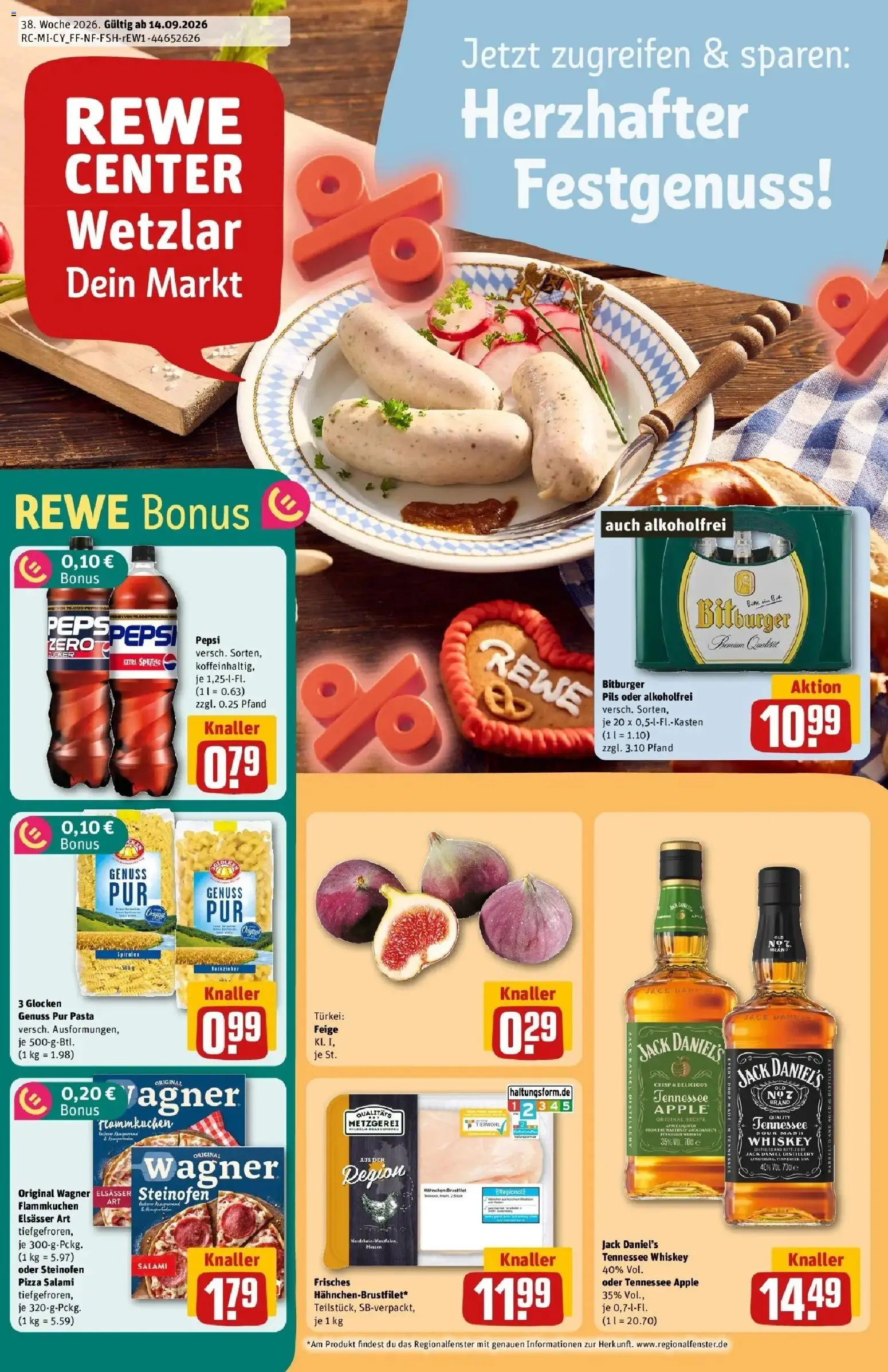 REWE Prospekt ab 14.09.2026 zum Blättern » Angebote | Seite: 1 | Produkte: Hahnchen, Pils, Jack Daniel's, Whiskey