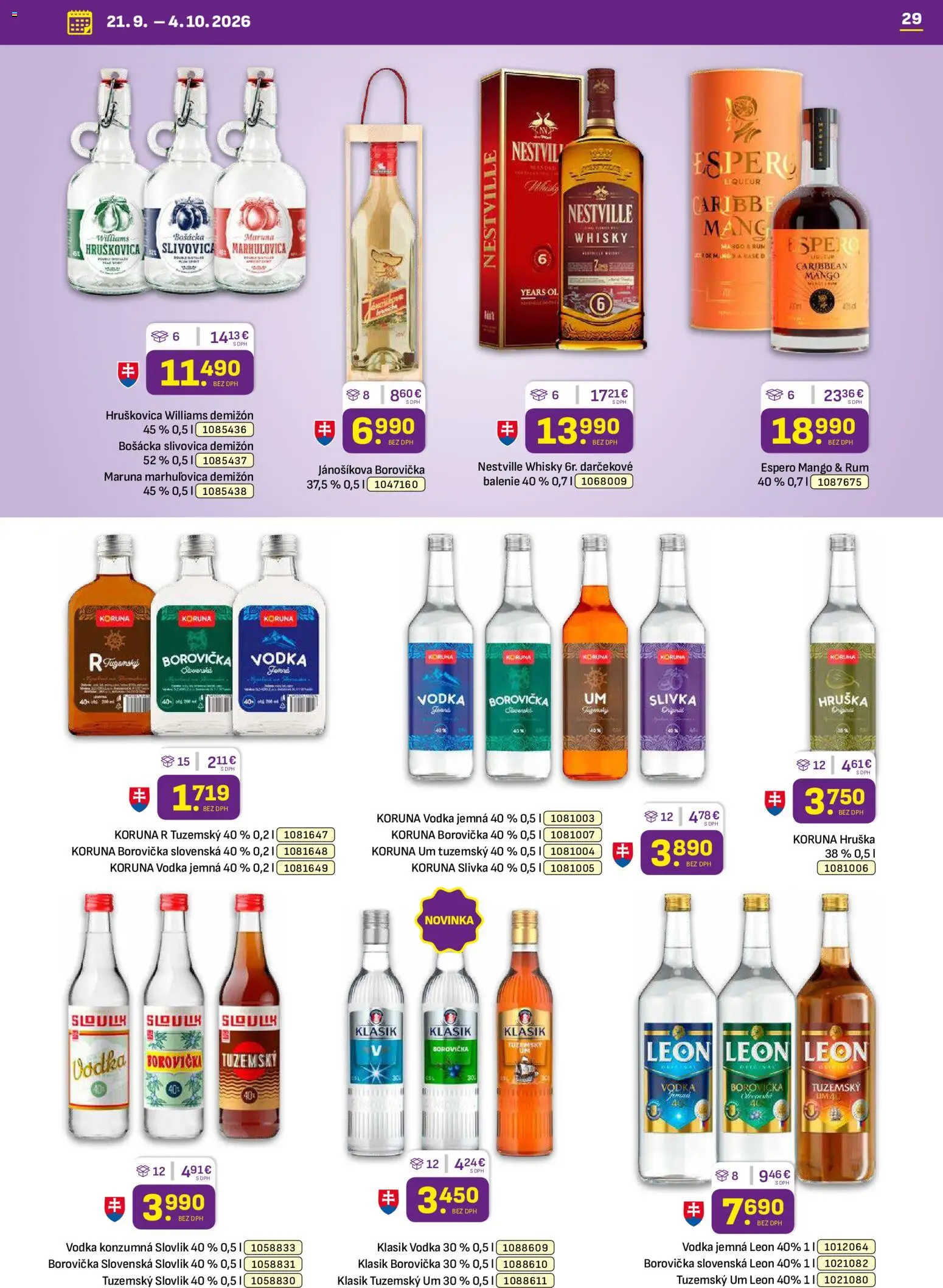 Nové Libex akcie – leták je platný od 21.09.2026 | Strana: 29 | Produkty: Slivovica, Whisky, Mango, Rum