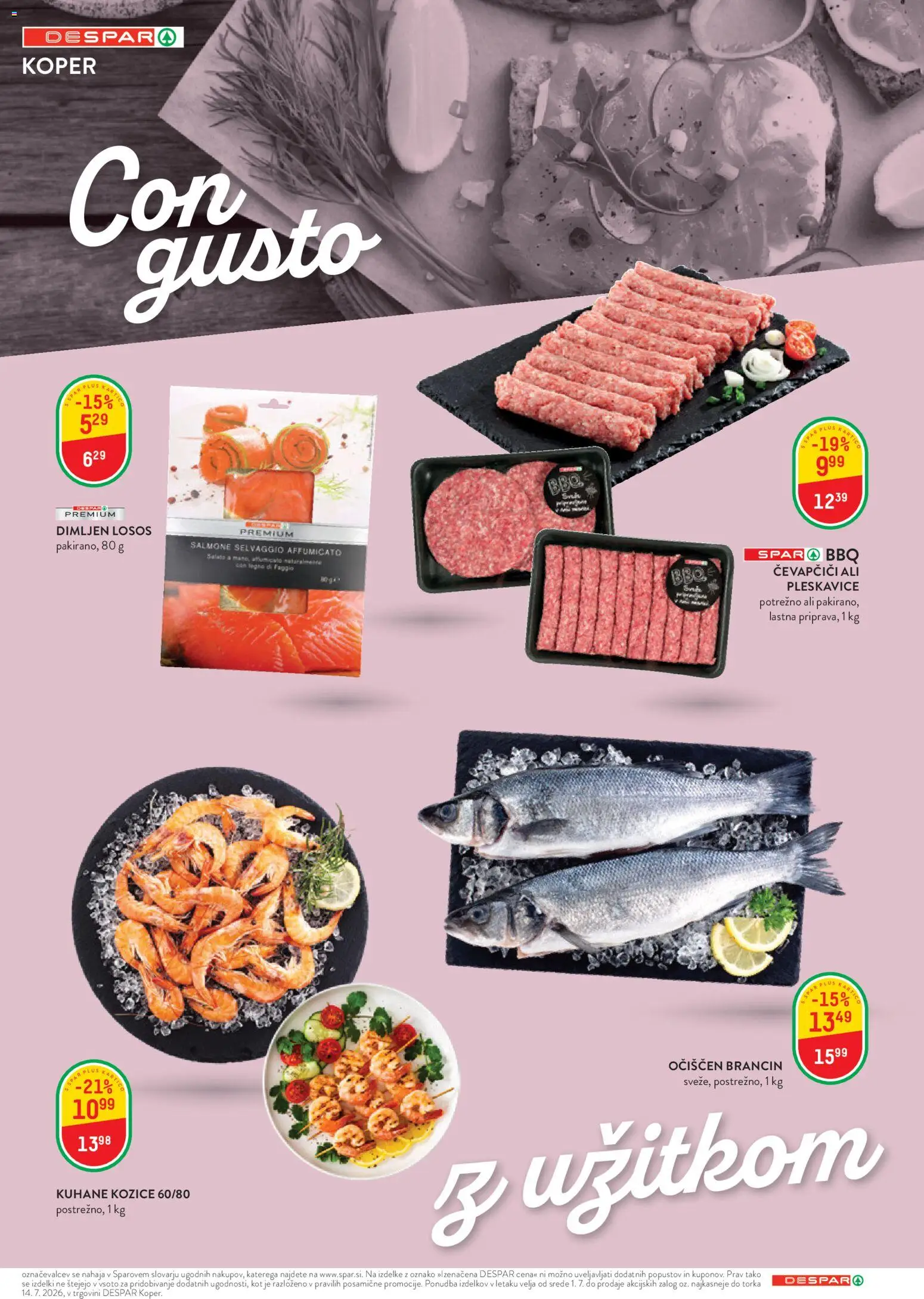 Novi Spar katalog ponudbe – veljaven od 01.07.2026 | Stran: 4 | Izdelki: Čevapčiči, Kozice, Losos, Pleskavice
