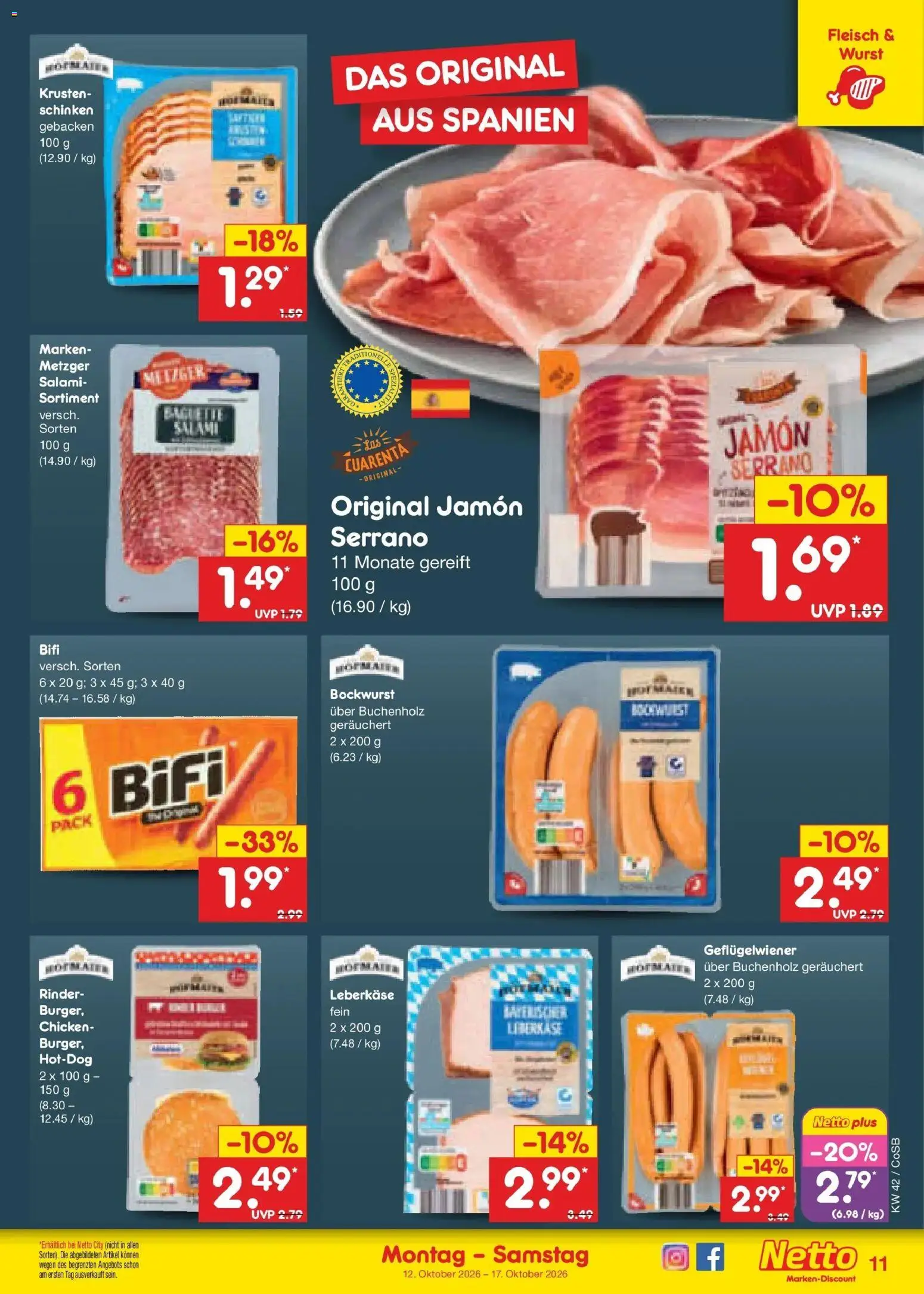 Netto Marken-Discount Prospekt Leipzig (ab 12.10.2026) » Angebote | Seite: 13 | Produkte: Bifi, Burger, Wurst, Leberkase