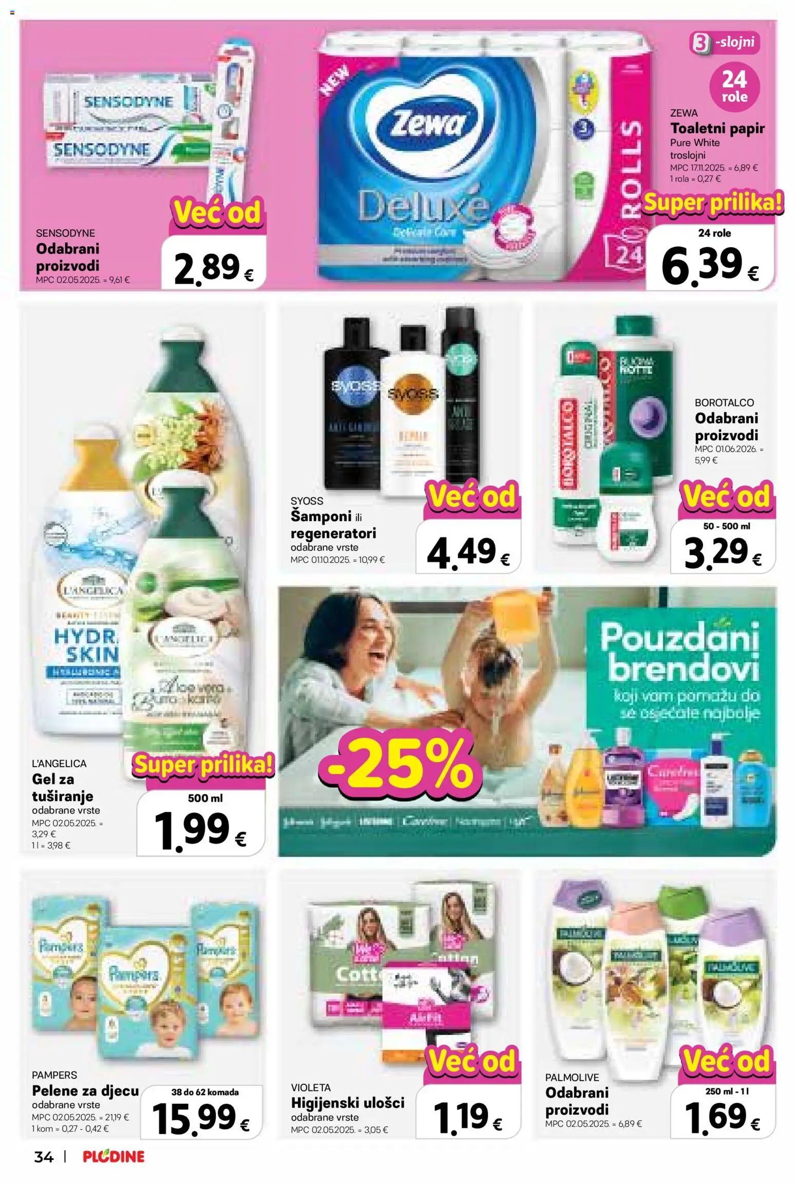 Plodine katalog | vrijedi od 09.09.2026 | Stranica: 34 | Proizvodi: Role, Higijenski ulošci, Pampers, Violeta