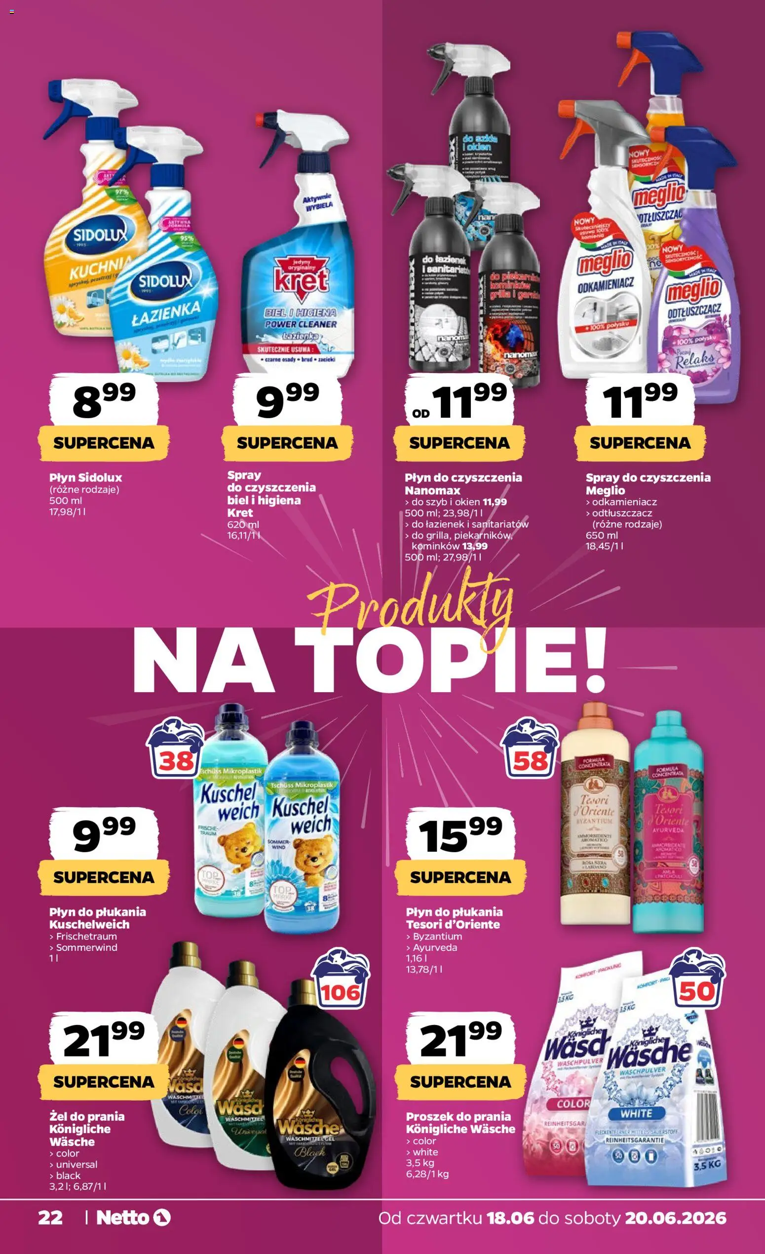 Netto gazetka od czwartku spożywcza od 18.06.2026 | Strona: 22 | Produkty: Meglio, Tesori d'oriente, Cleaner, Proszek do prania
