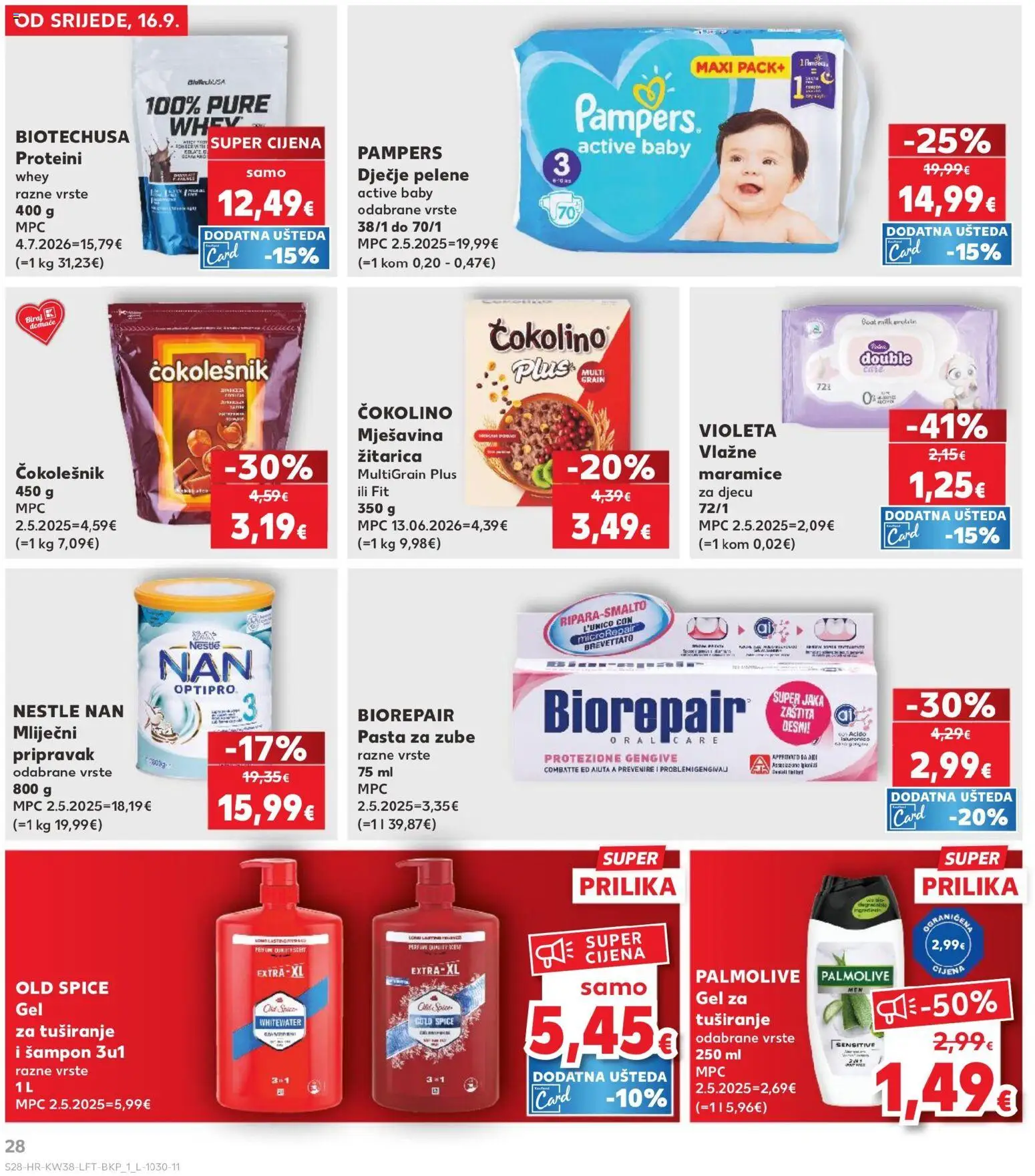 Kaufland HR akciós ujság - amely érvényes a következő dátumtól: 2026.09.16. | Oldal: 28 | Termékek: Old spice, Nestlé, Palmolive, Protein