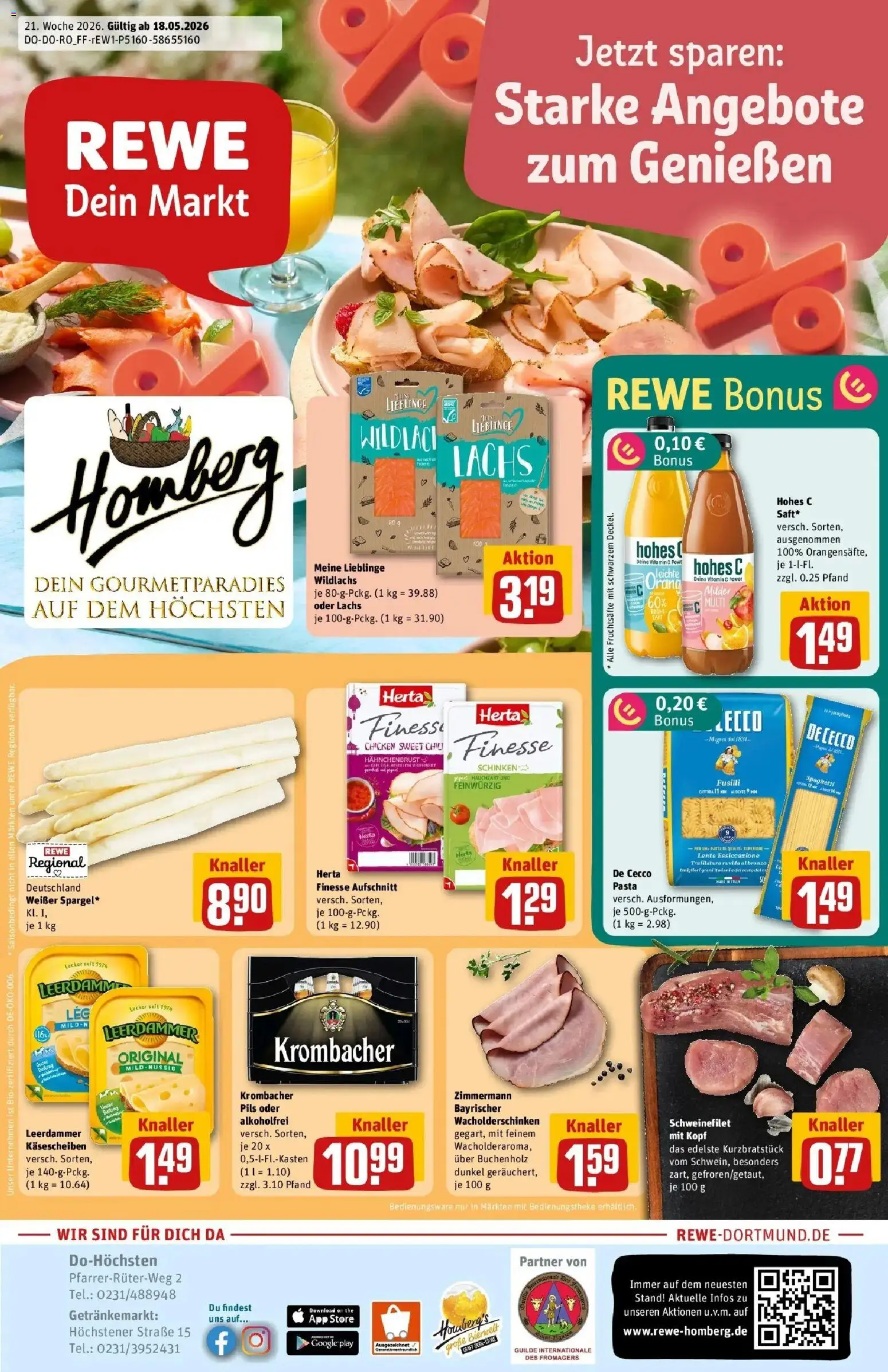 Rewe Prospekt Dortmund – gültig ab 18.05.2026 | Seite: 1 | Produkte: Pils, Lachs, Krombacher, Herta finesse