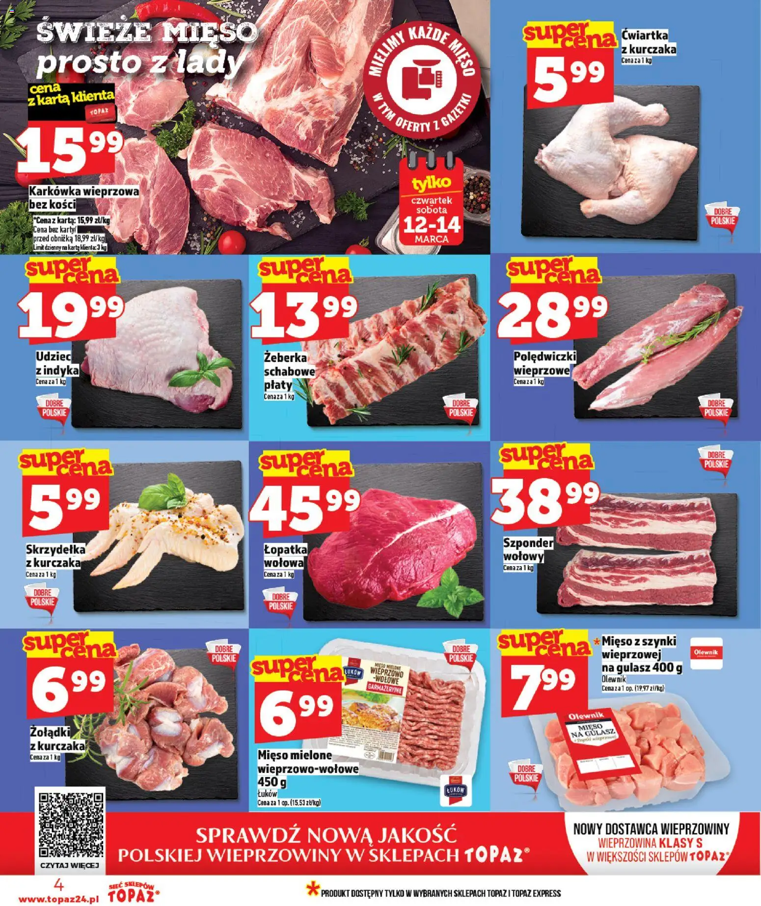 Topaz gazetka od 12.03.2026 | Strona: 4 | Produkty: Karkówka, Mięso, Mięso mielone, Wieprzowina