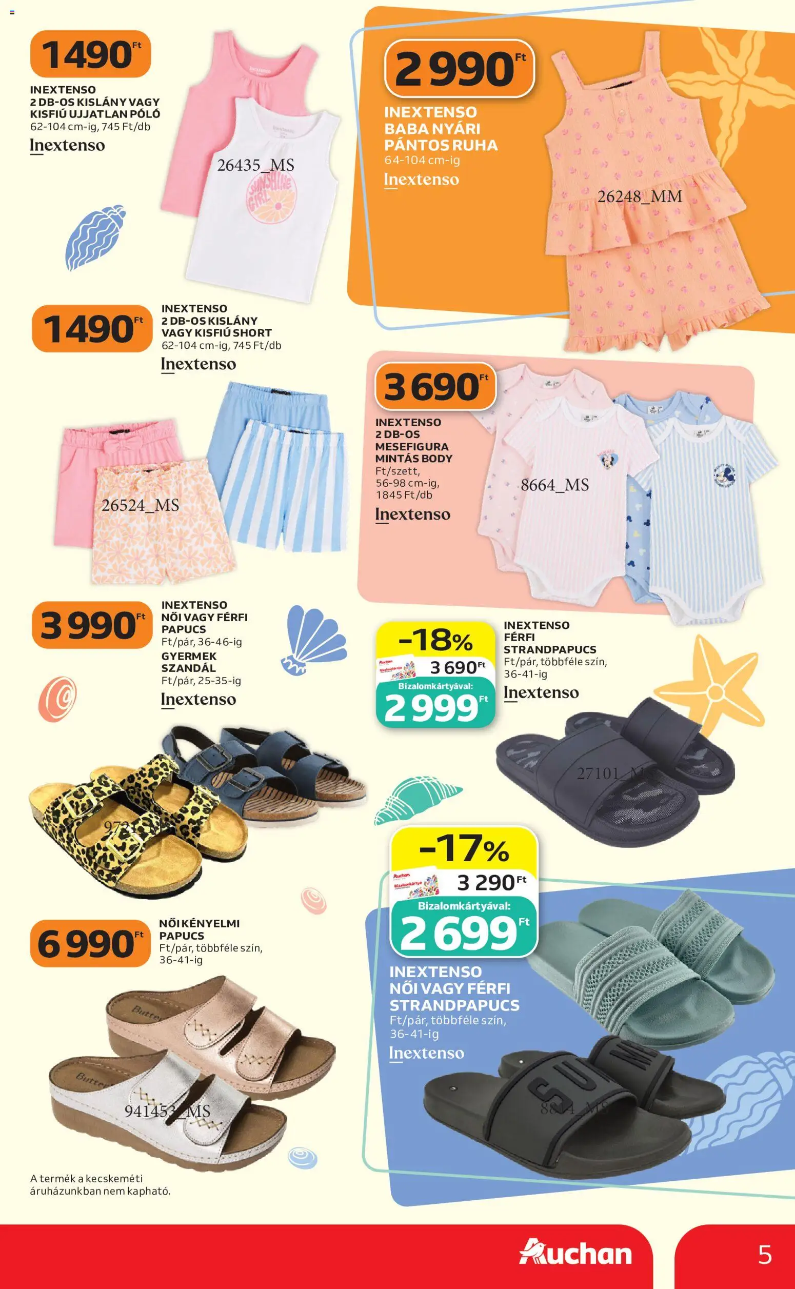 Auchan akciós ujság - amely érvényes a következő dátumtól: 14.05.2026 | Oldal: 5 | Termékek: Szandál, Papucs, Strandpapucs, Body