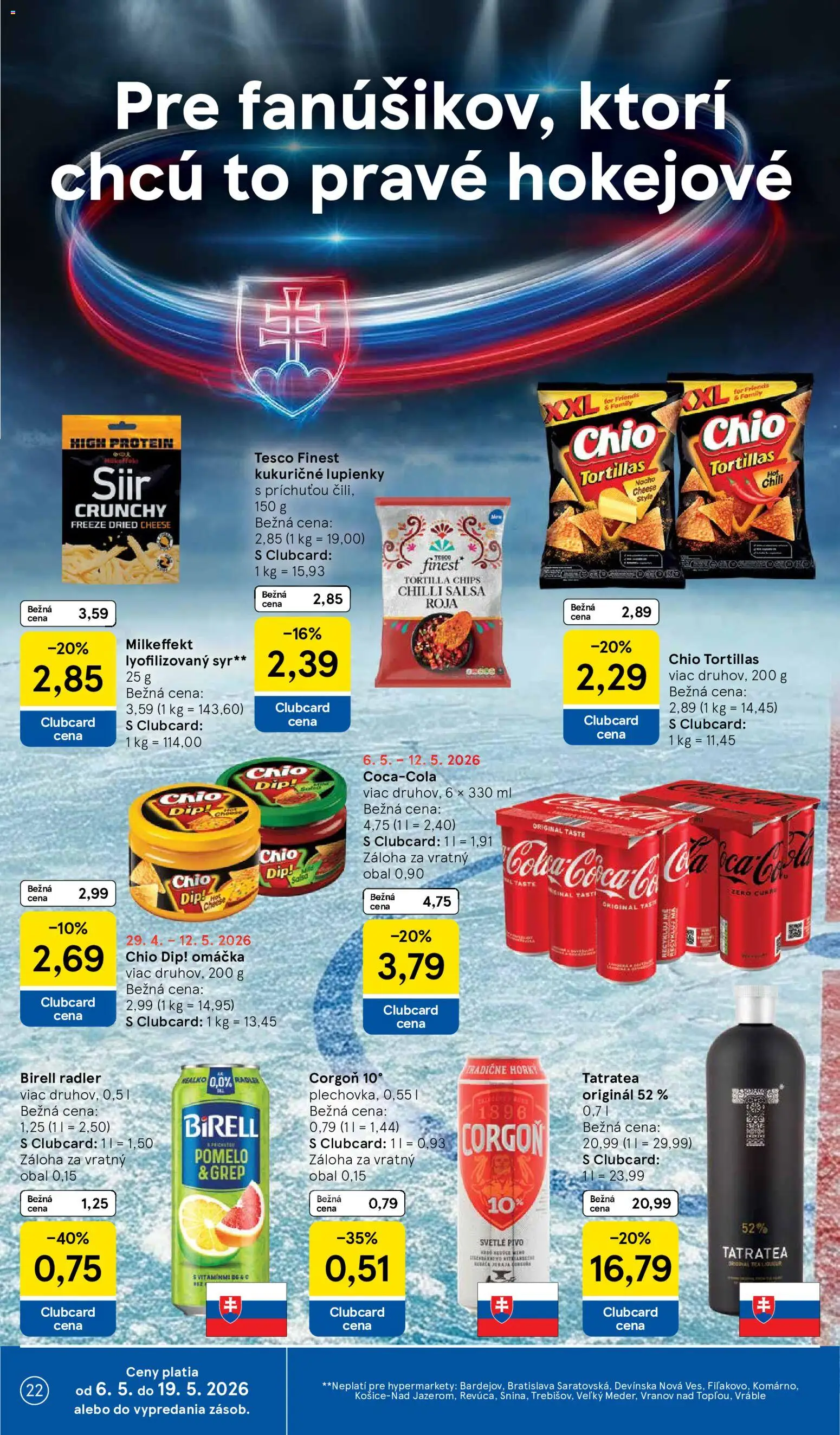 Nové Tesco akcie – leták je platný od 06.05.2026 | Strana: 22 | Produkty: Syr, Birell, Corgoň, Pomelo