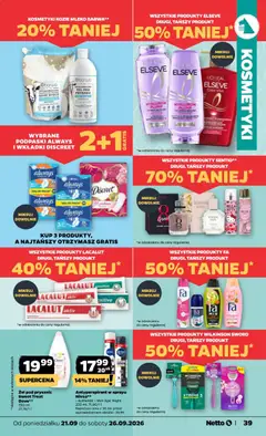 Pogląd oferty "WYBRANE PODPASKI ALWAYS I WKŁADKI DISCREET, 2+1 GRATIS" - ważna od 21.09.2026 | Strona: 39 | Produkty: Podpaski, Szampon, Odżywka, Mydło
