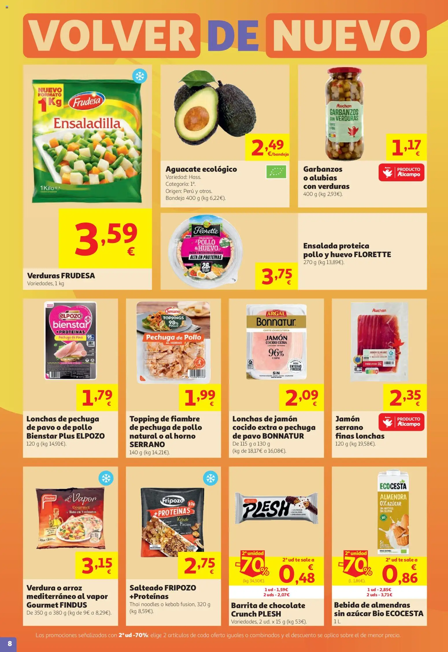 Alcampo folleto │ válido desde el 27/08/2026 | Página: 8 | Productos: Jamón serrano, Aguacate, Queso, Bandeja