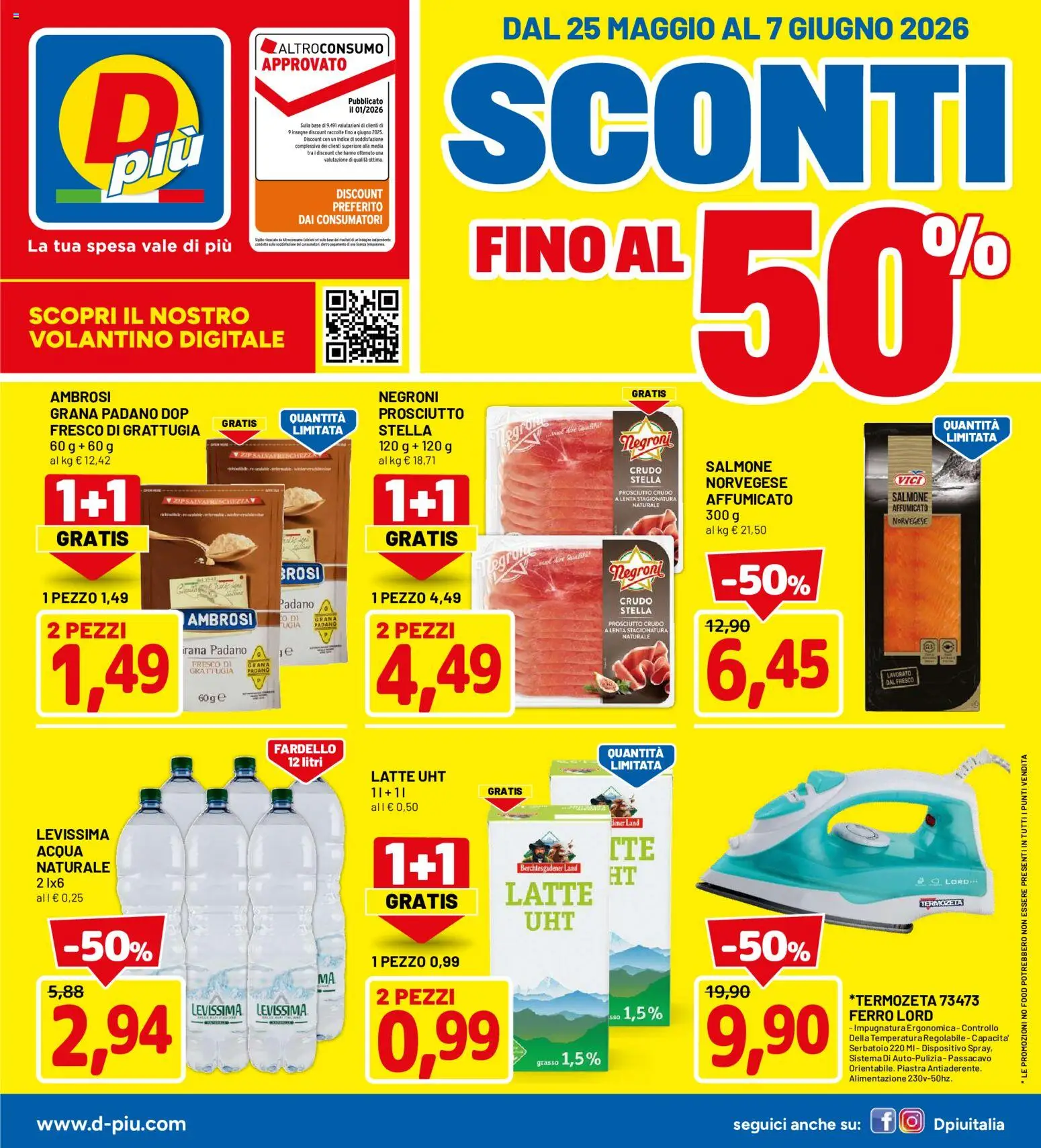 Volantino D Più del 25.05.2026 | Pagina: 1 | Prodotti: Prosciutto Crudo, Salmone, Prosciutto, Grana Padano