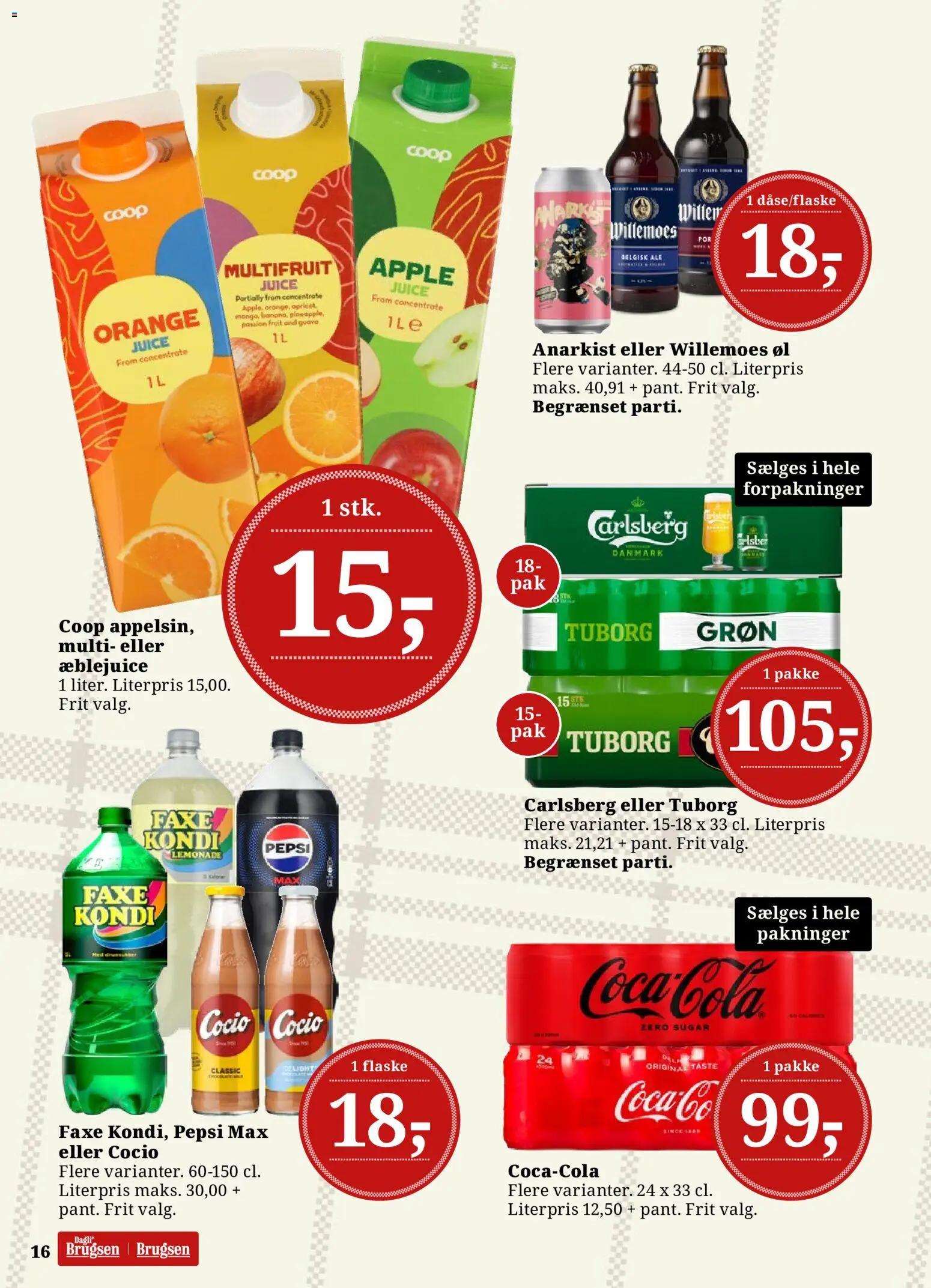 Dagli'Brugsen tilbudsavis – gyldig fra 08.05.2026 | Side: 16 | Produkter: Juice, Faxe Kondi, Pepsi, Pepsi Max