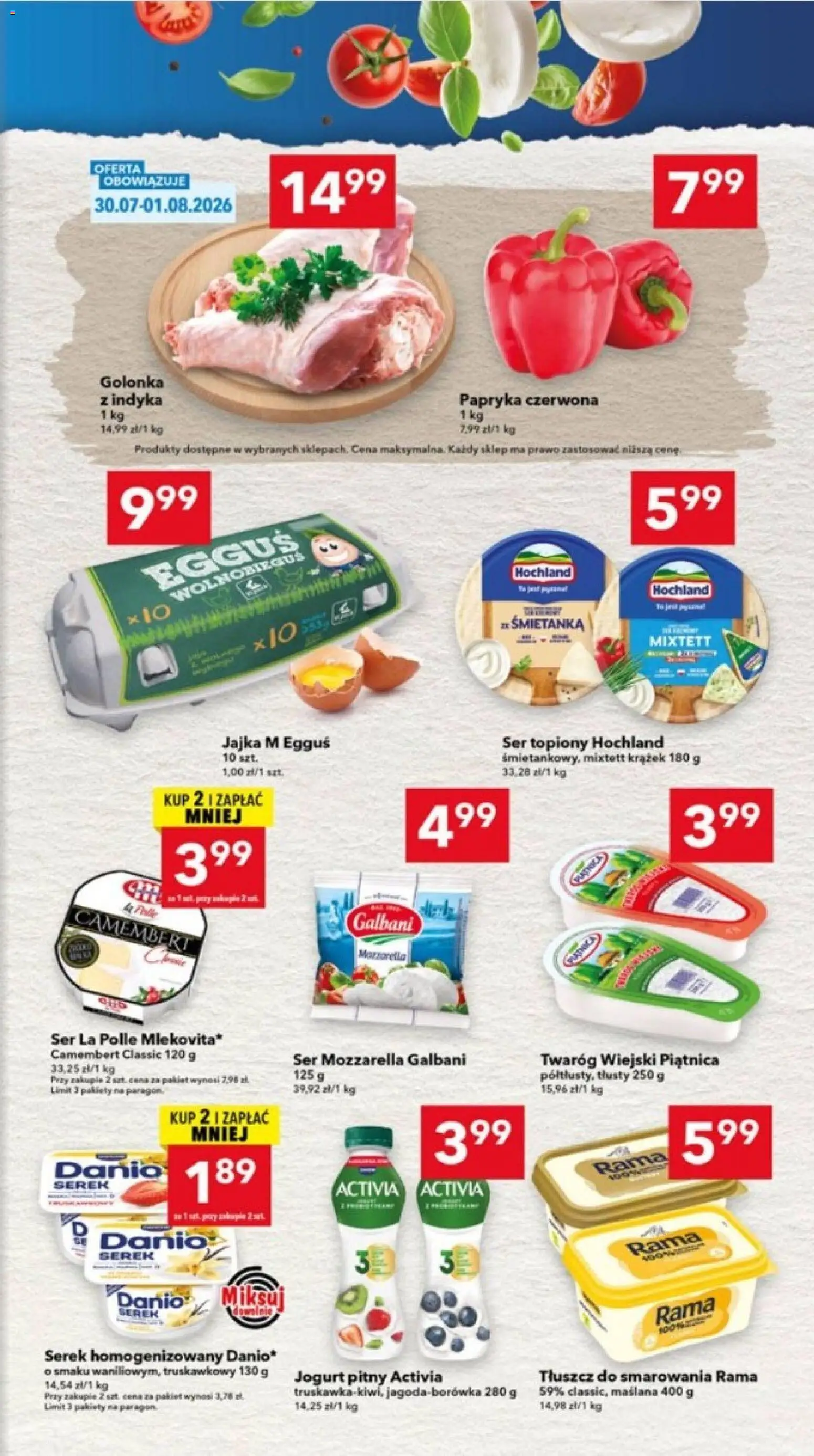 Lewiatan gazetka - Katowice od 30.07.2026 | Strona: 3 | Produkty: Serek homogenizowany, Papryka czerwona, Mozzarella, Twaróg