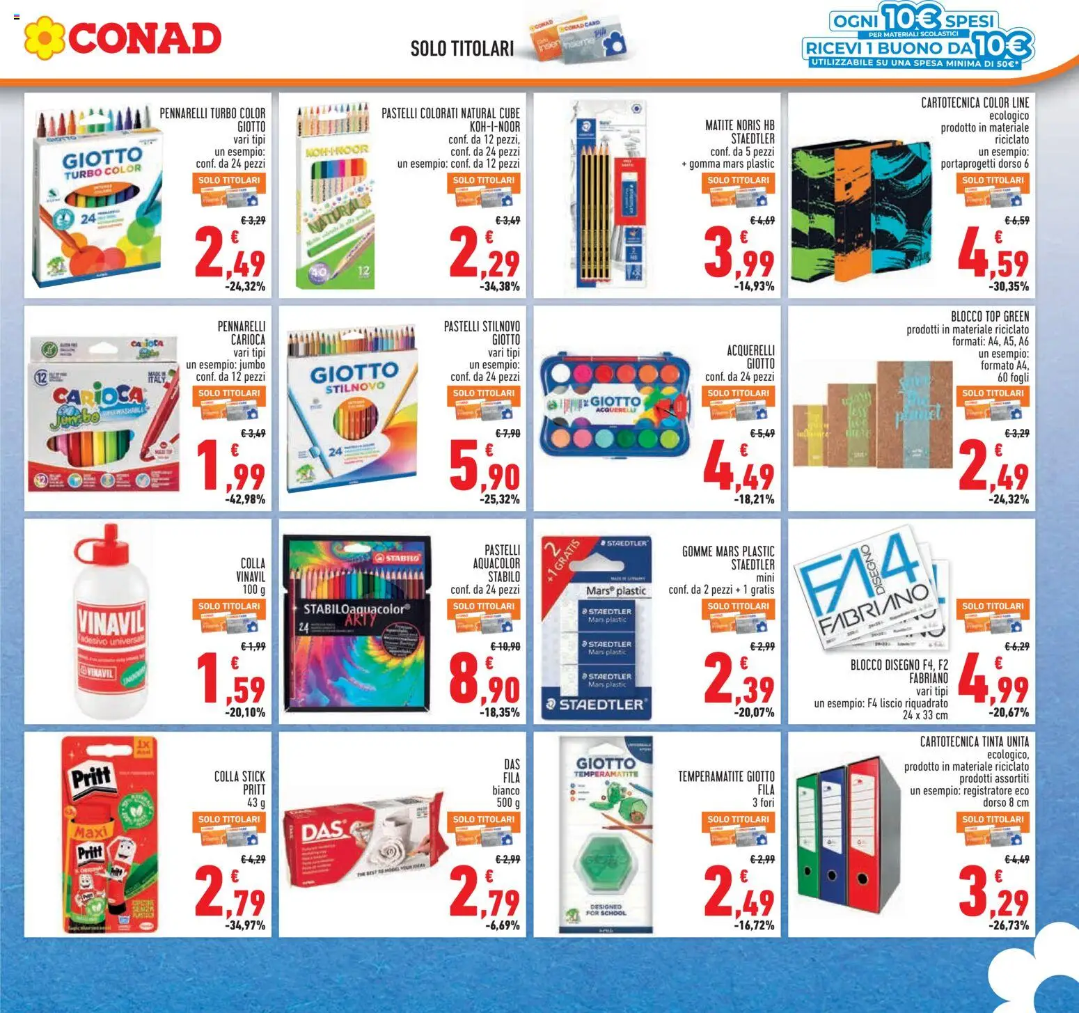 Volantino Conad del 27/08/2026 | Pagina: 21 | Prodotti: Temperamatite, Colla, Pennarelli, Pastelli