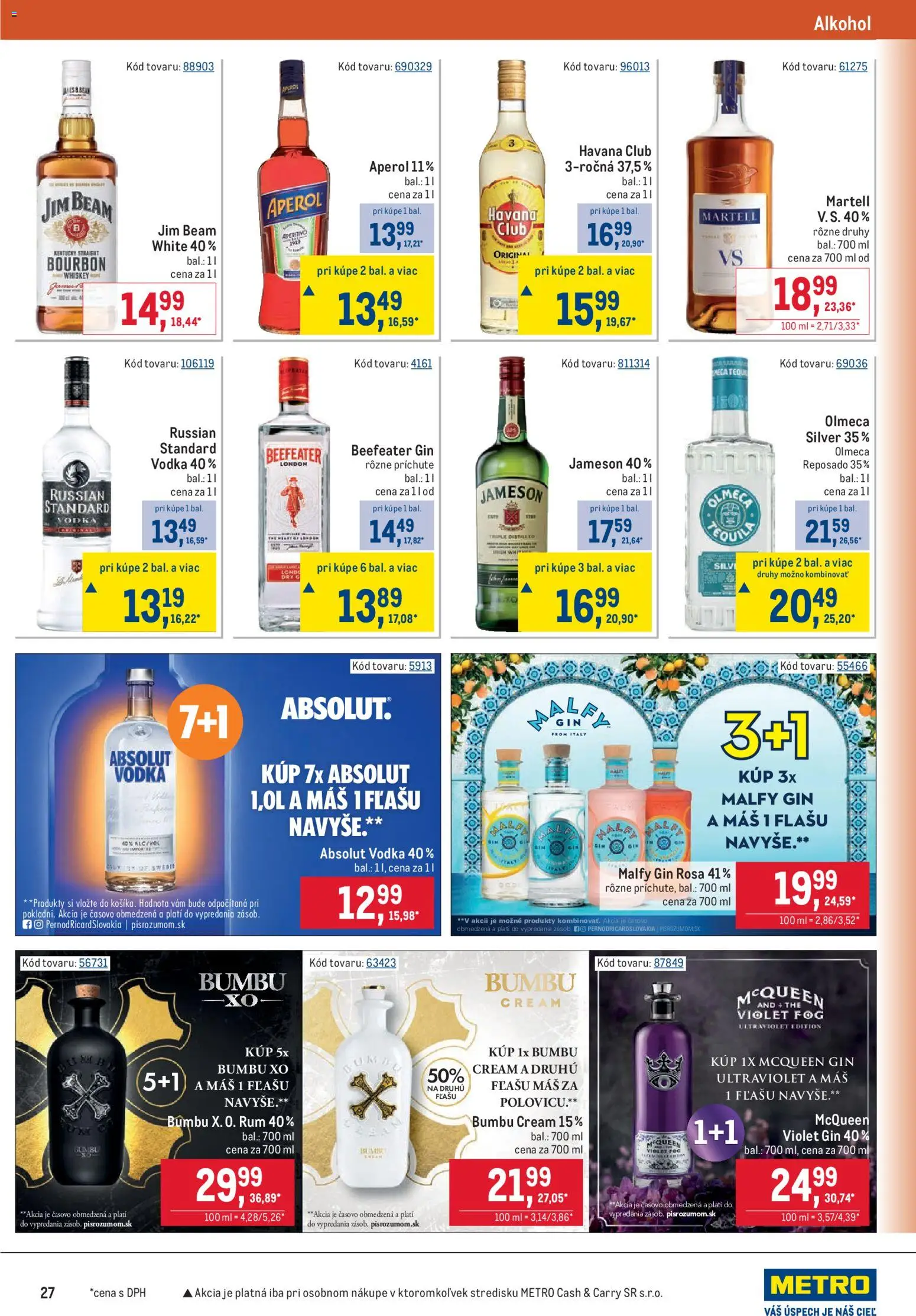 Nové Metro akcie – leták je platný od 07.10.2026 | Strana: 27 | Produkty: Bourbon, Gin, Havana, Alkohol